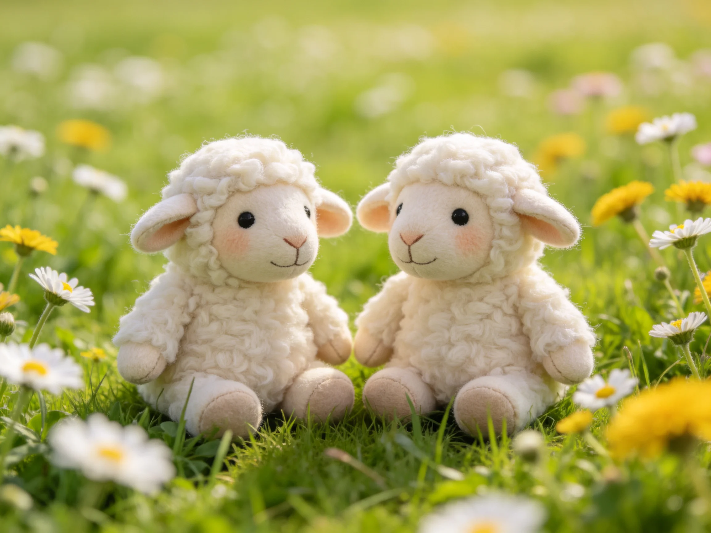 Two soft white lamb toys sit among colorful wildflowers in a sunny meadow
