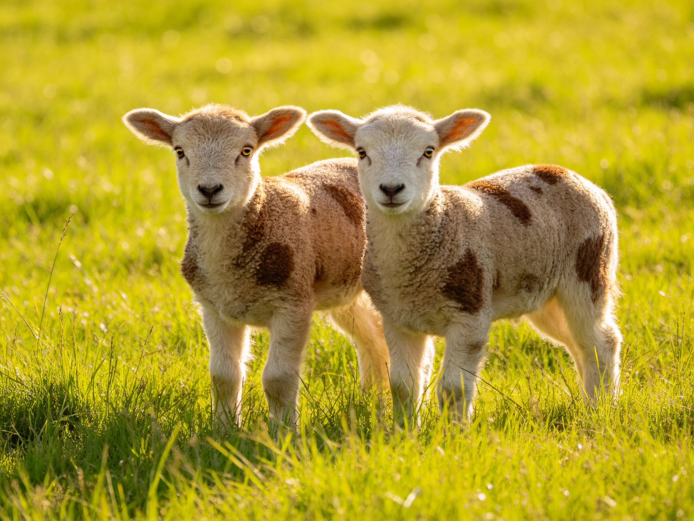 Two spotted lambs standing in lush green meadow