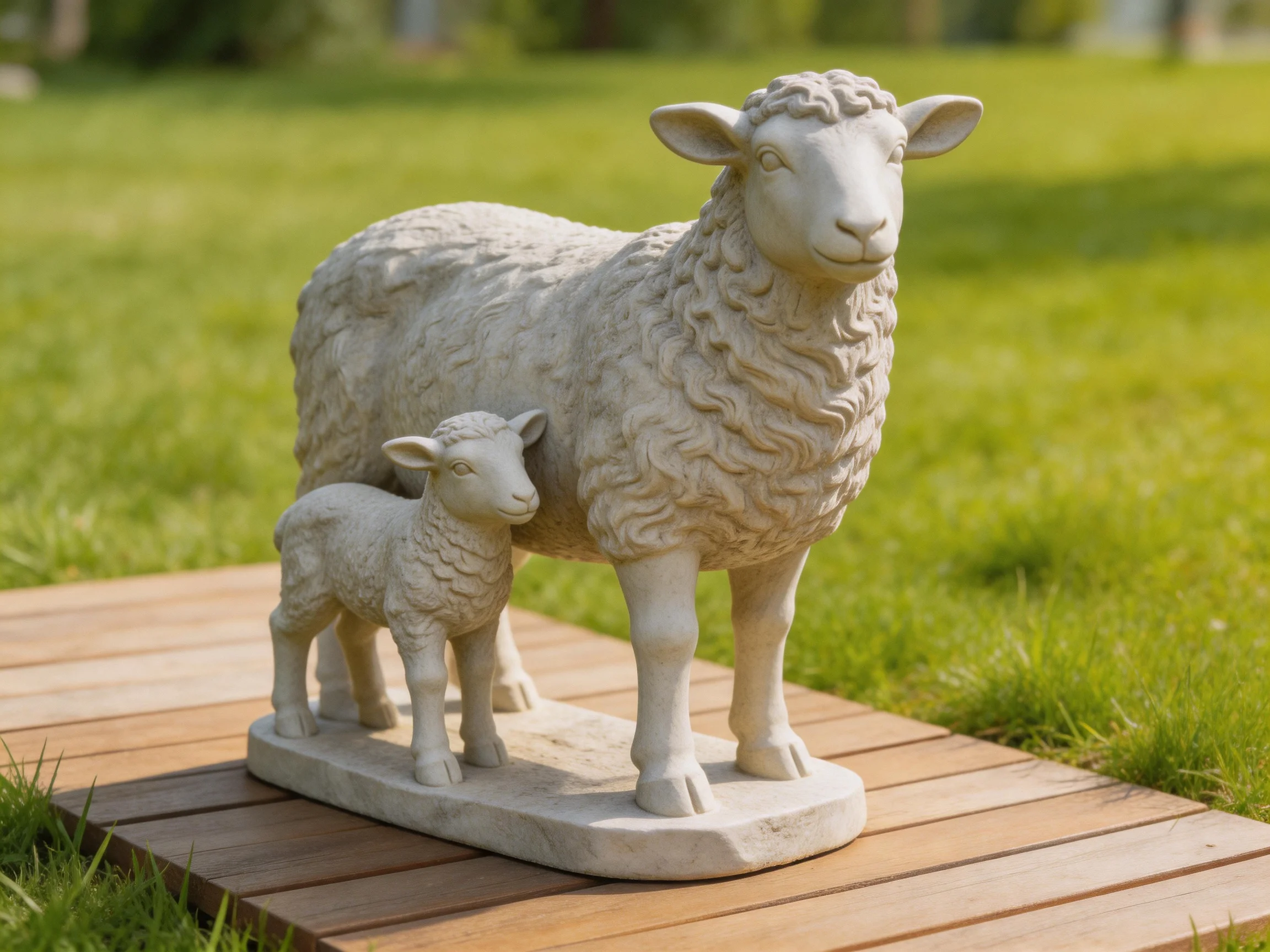 Two stone sheep statues, an adult and a lamb, on a wooden platform in a green garden