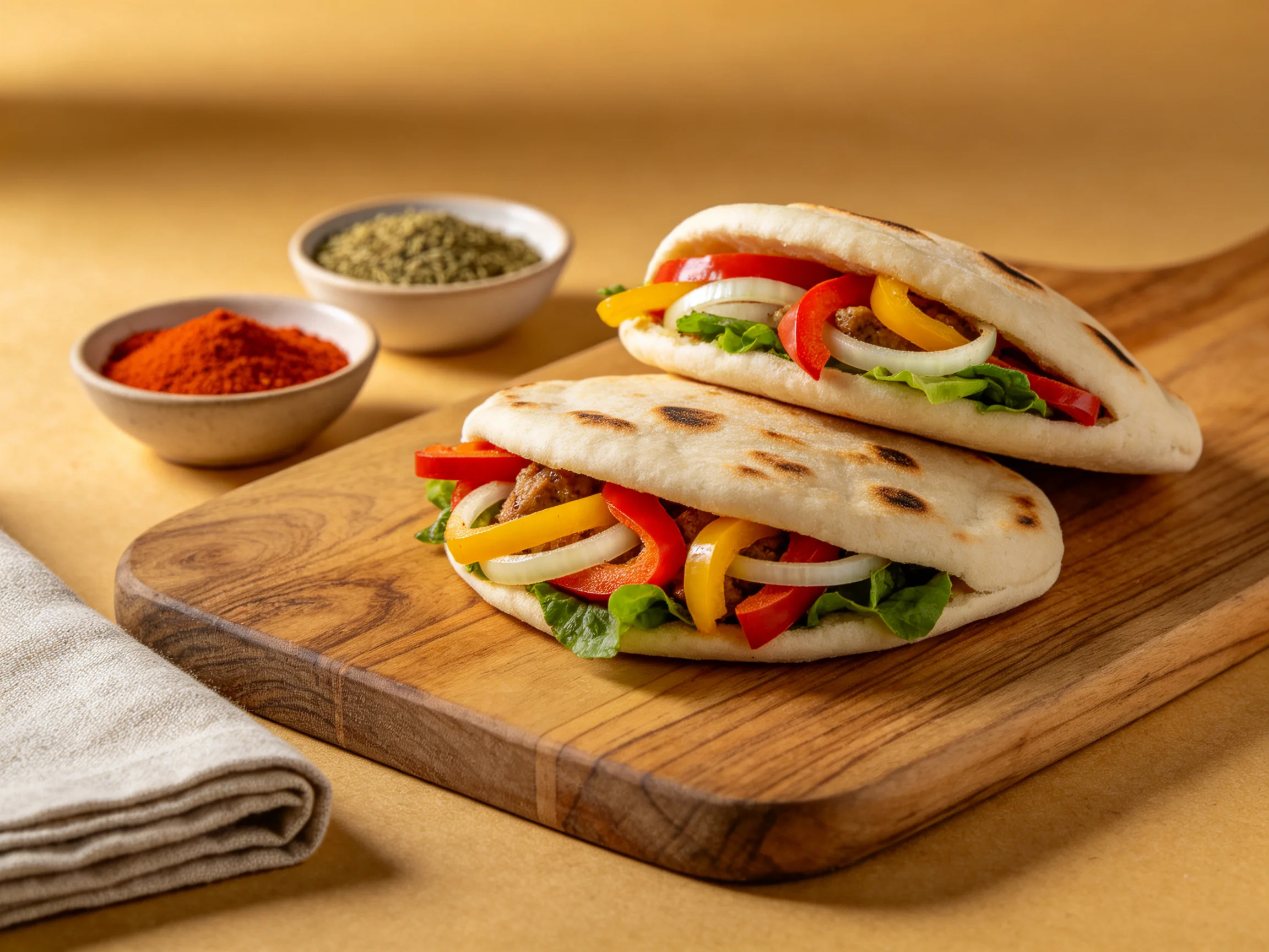 Two stuffed pitas with colorful vegetables on a wooden board