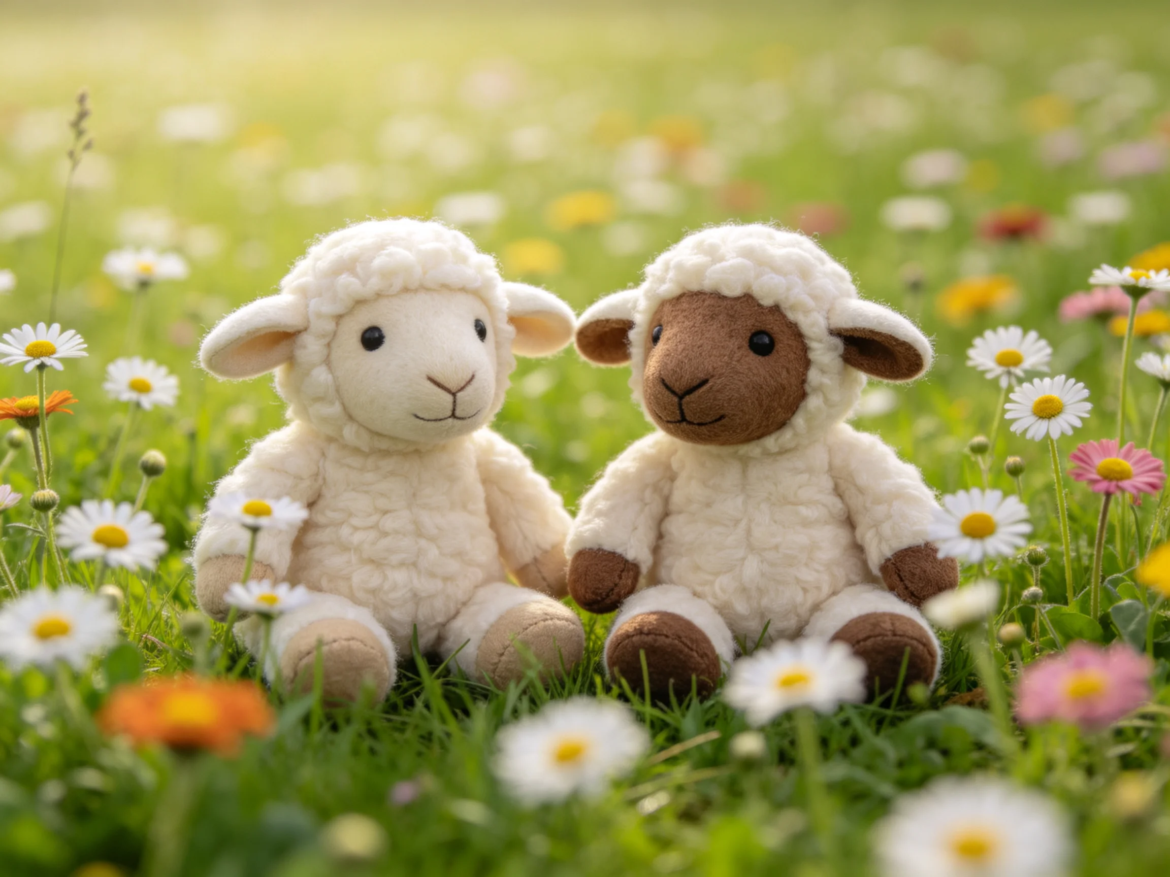 Two stuffed sheep toys sit in a sunlit meadow filled with colorful wildflowers