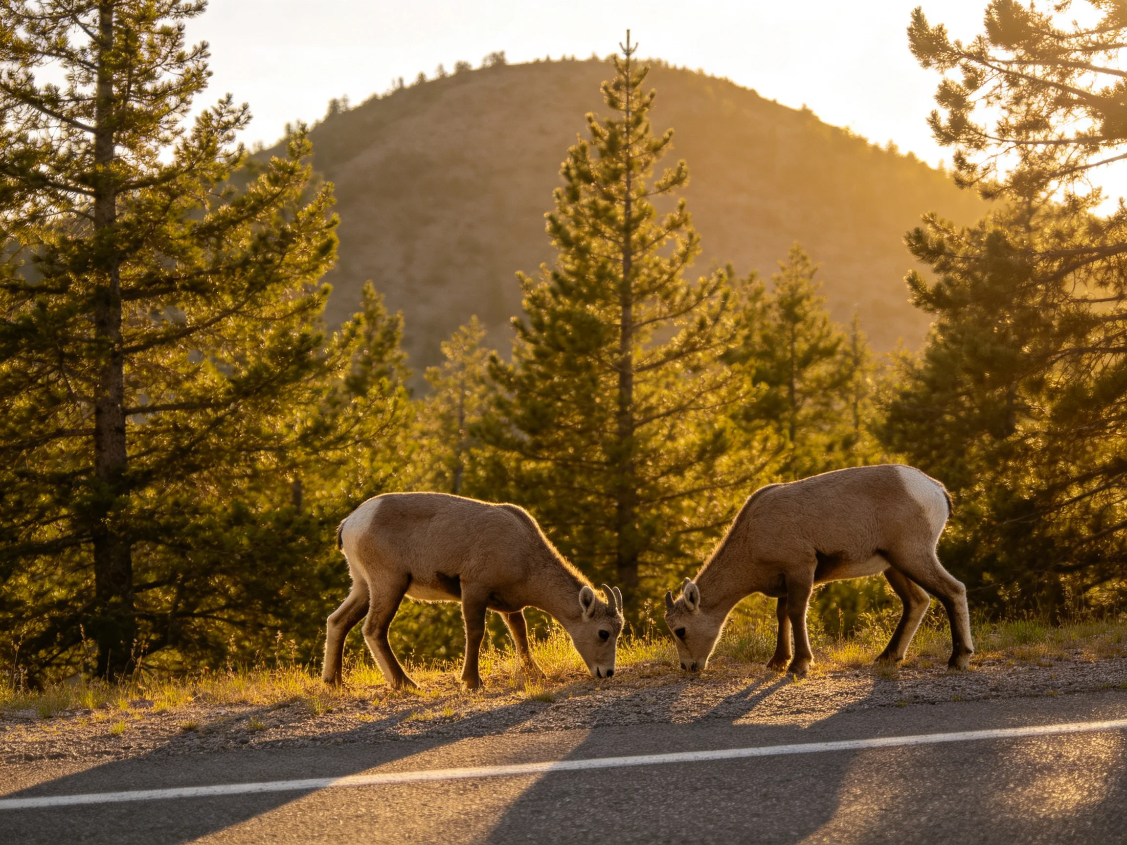 Two tan bighorn sheep graze near pine trees under golden sunlight