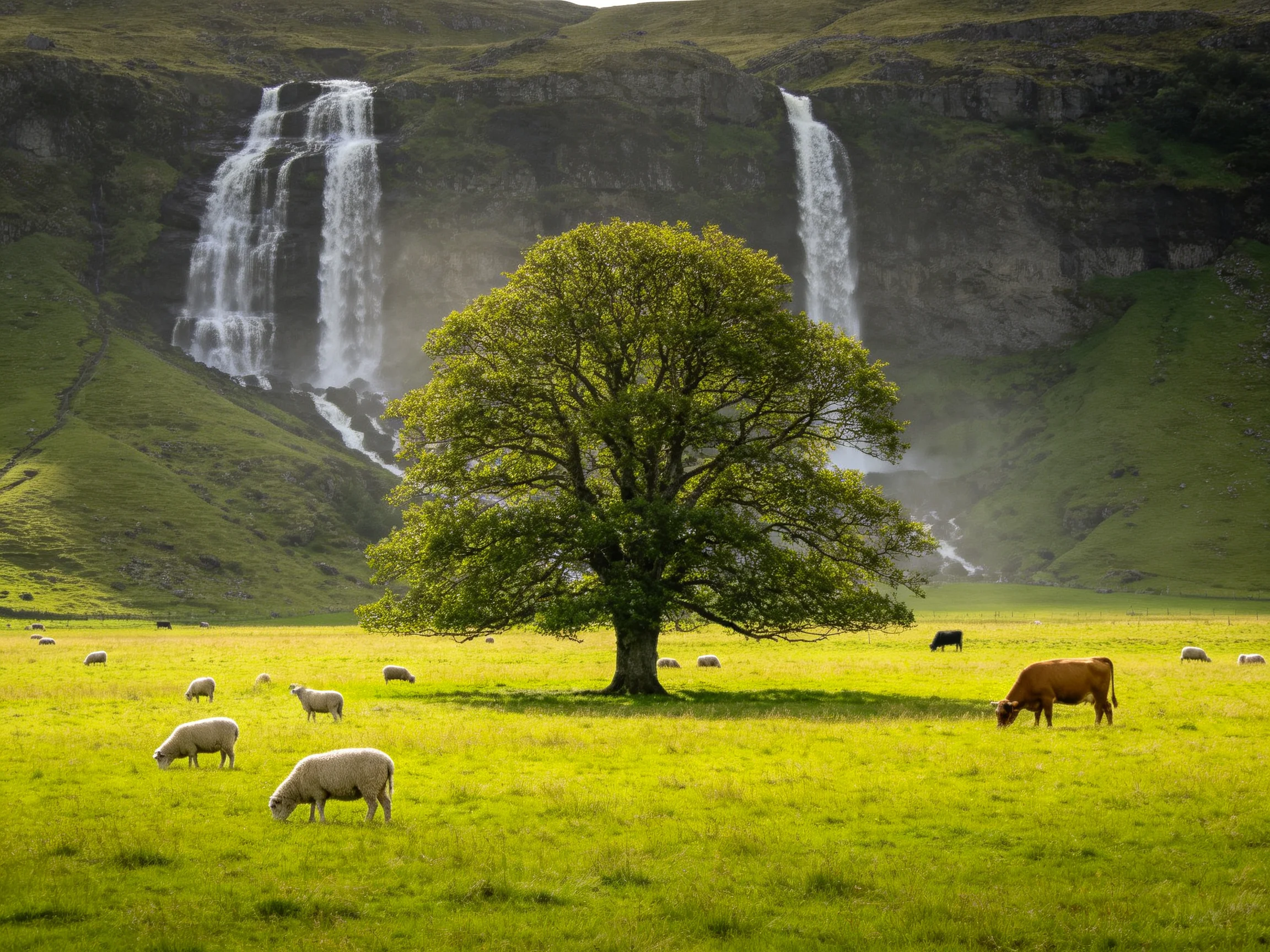 Two waterfalls, large tree, grazing animals in green pasture