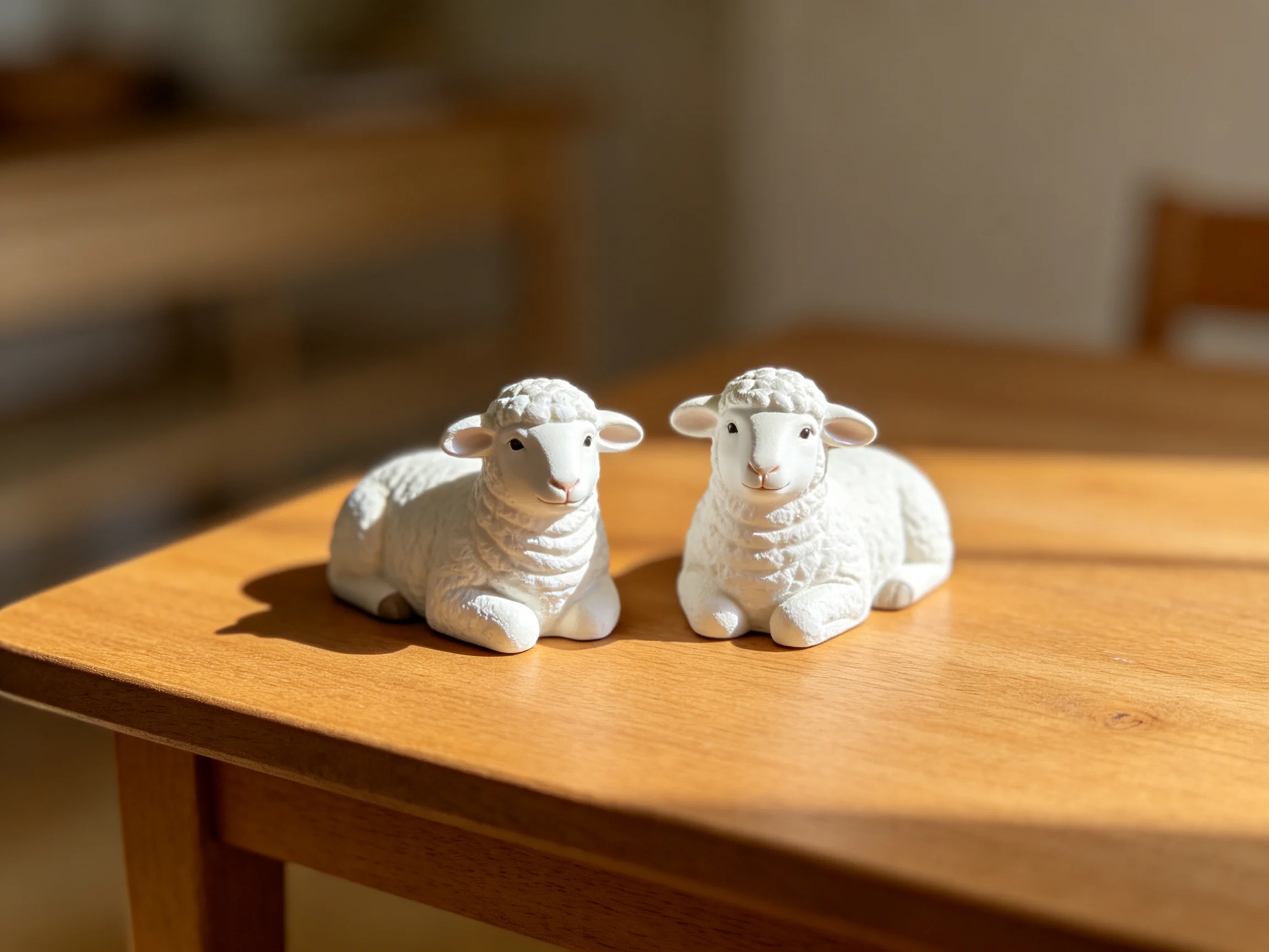 Two white ceramic sheep figurines on a polished wooden table