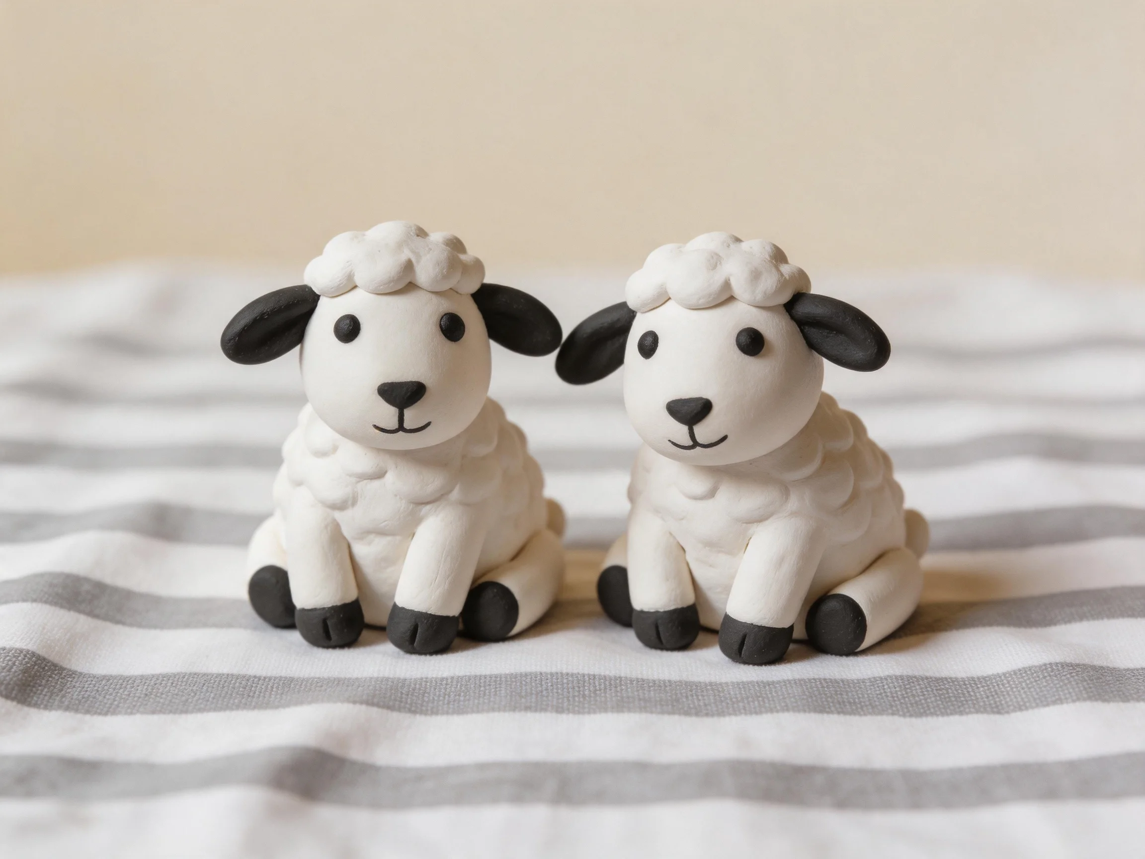 Two white clay sheep figurines with black features sit on striped fabric