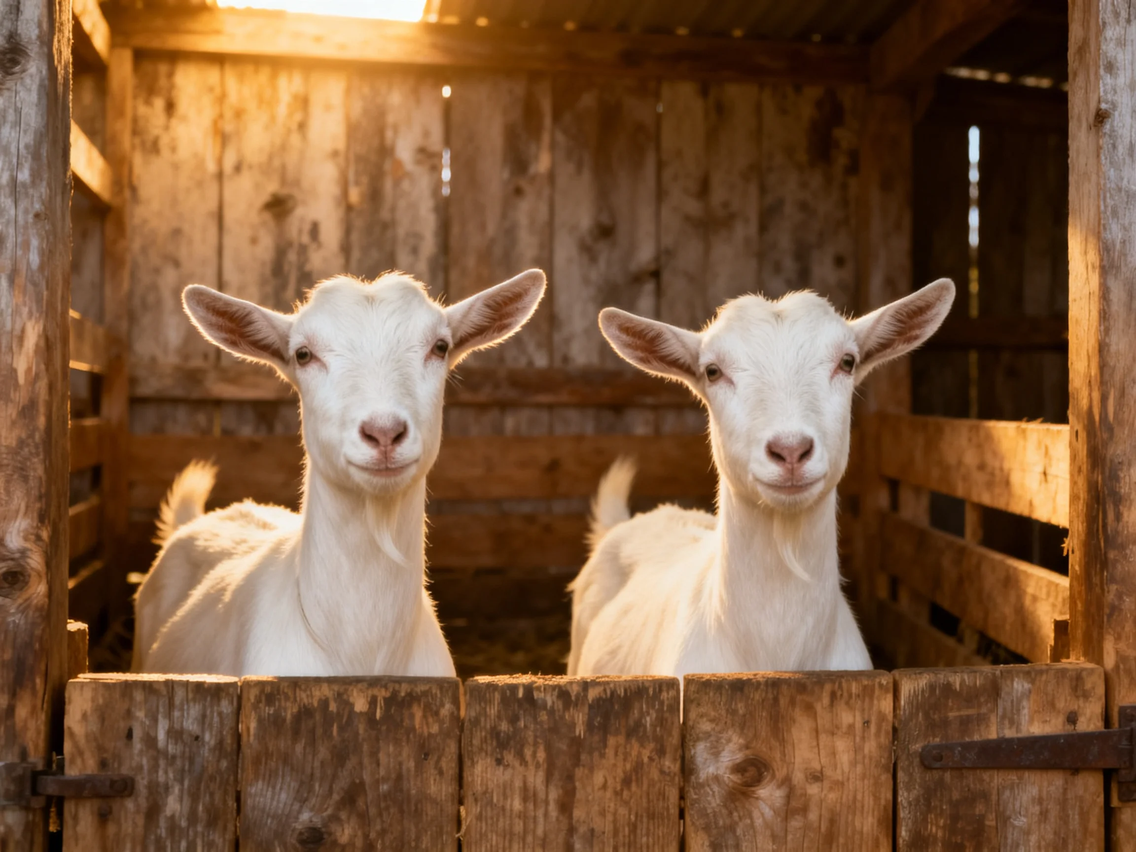 Two white goats in a rustic wooden enclosure under warm sunlight