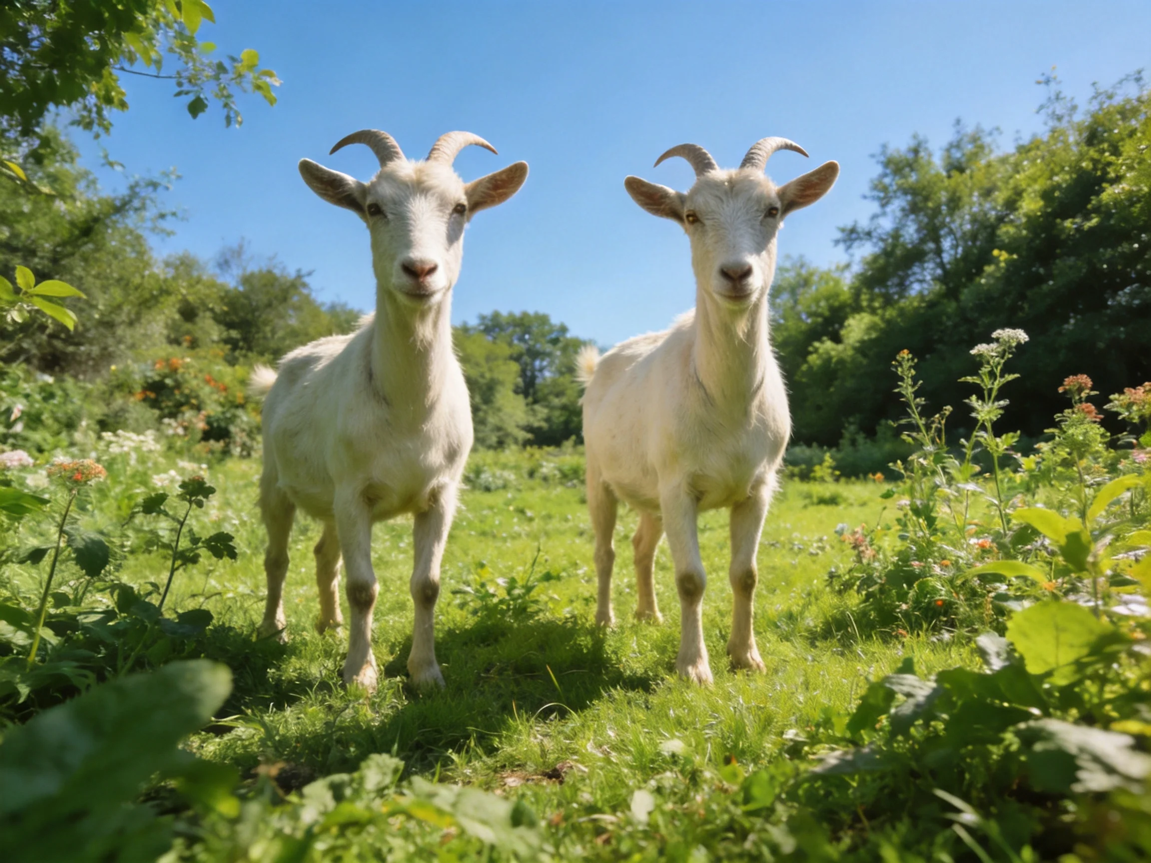 Two white horned goats in a sunlit green meadow