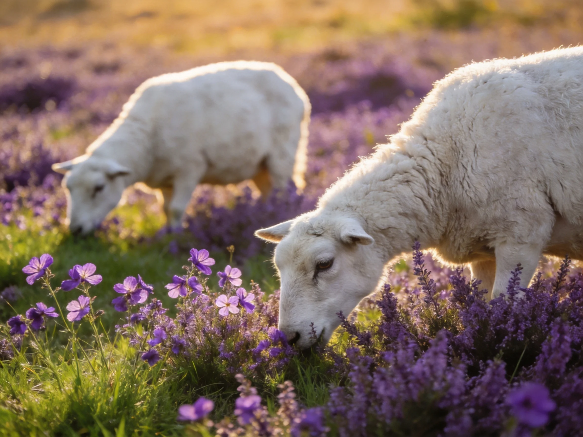 Two white lambs graze in a sunlit meadow with purple wildflowers.