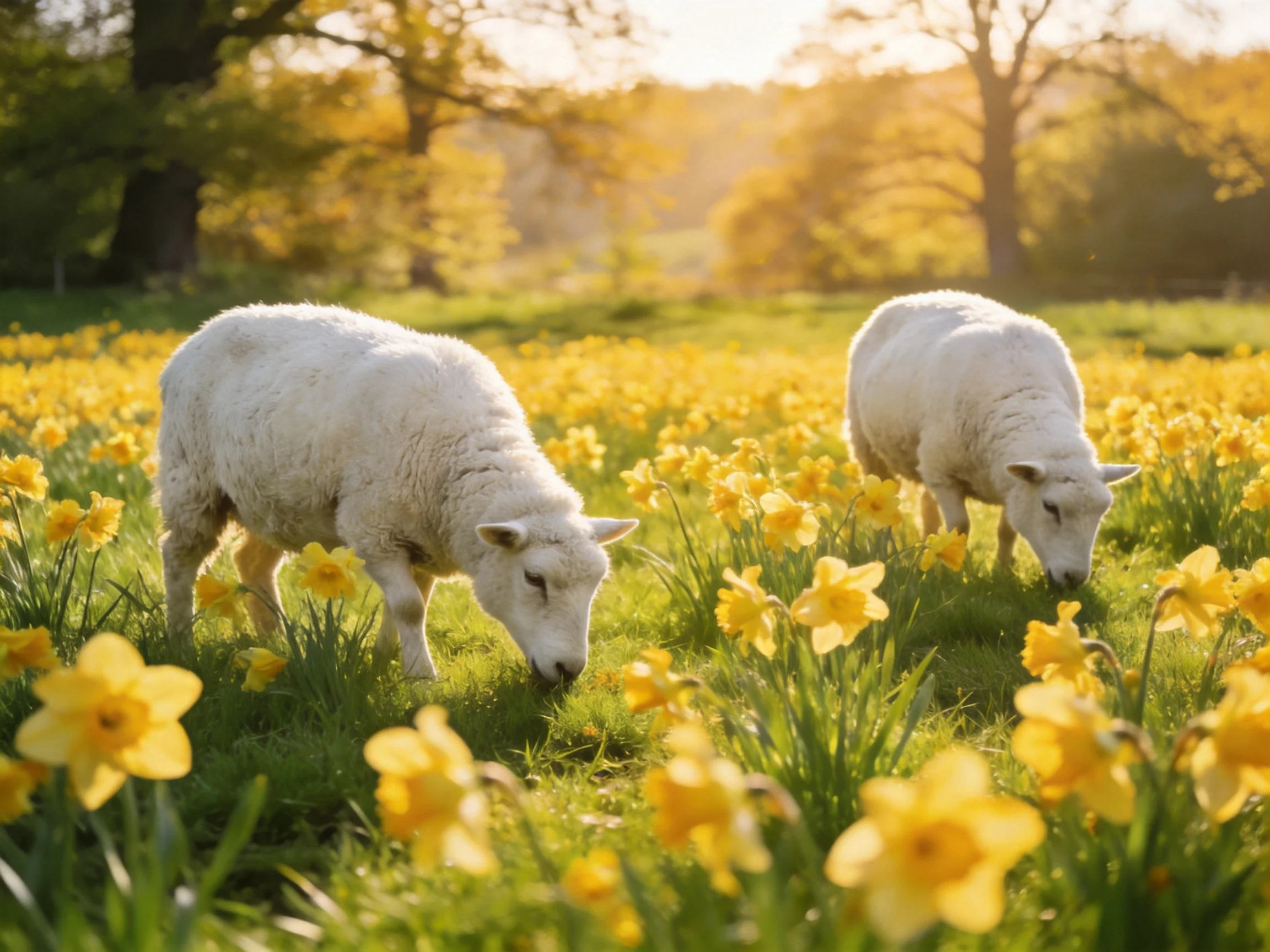 Two lambs graze among yellow flowers in a sunlit meadow.