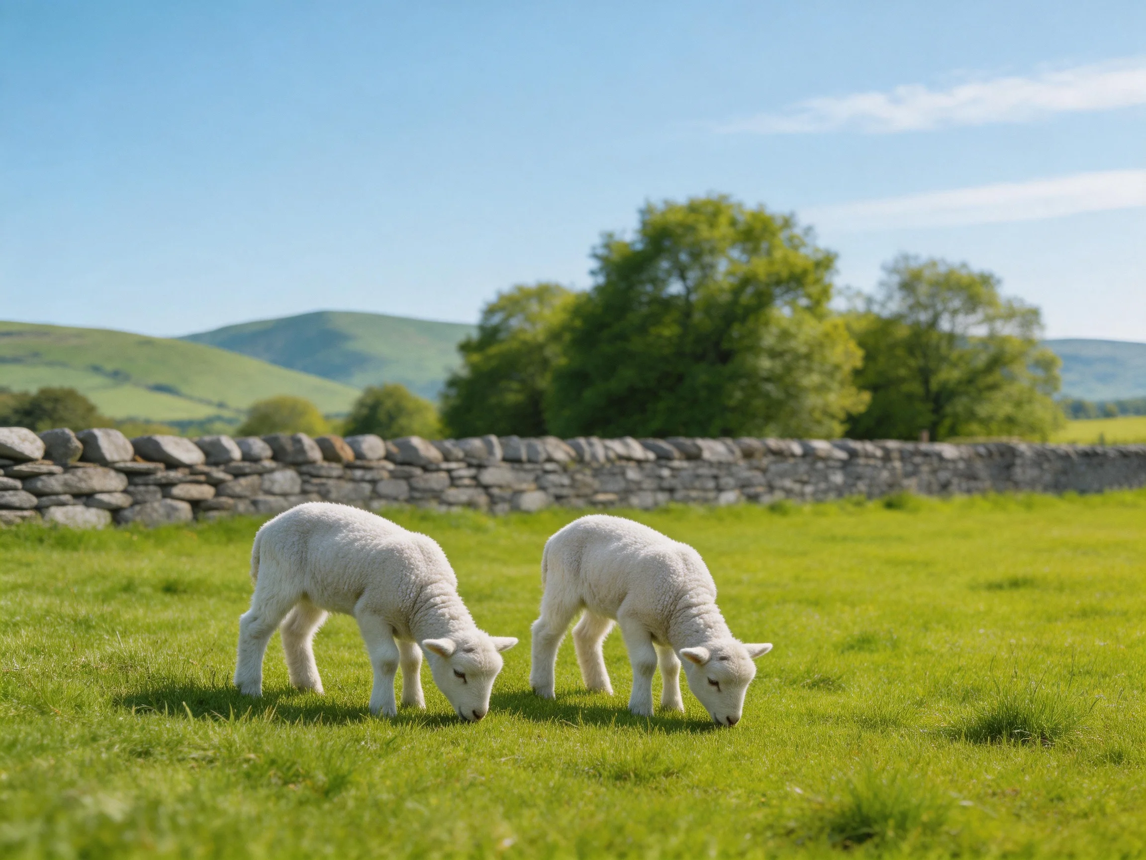 Two lambs graze in a sunny pasture with a stone wall and hills
