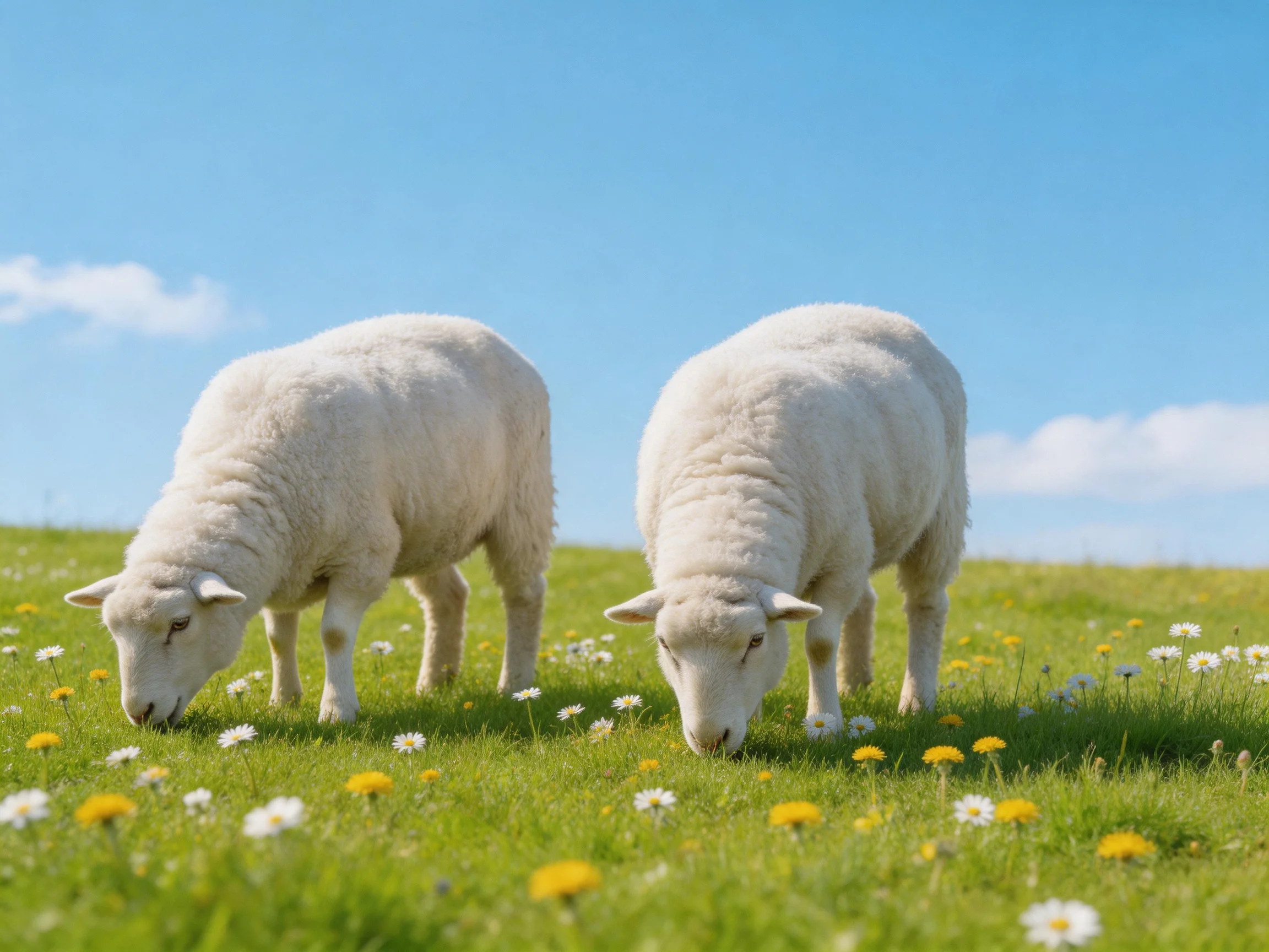 Two white lambs graze in a flower-dotted meadow under a clear blue sky.