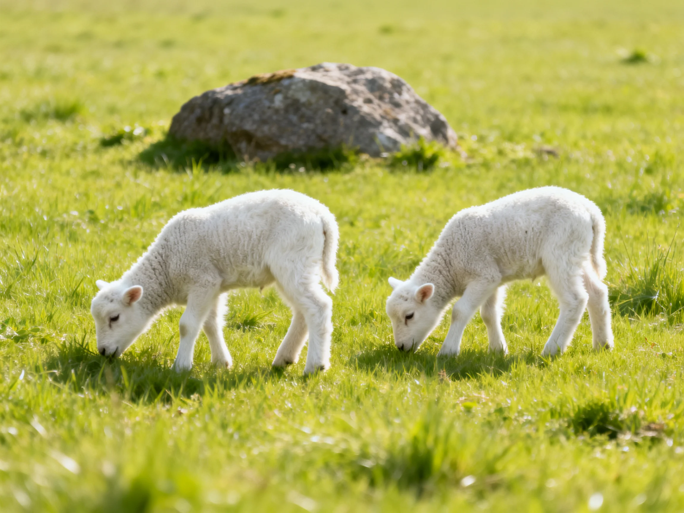 Two white lambs graze in a lush green meadow near a large rock