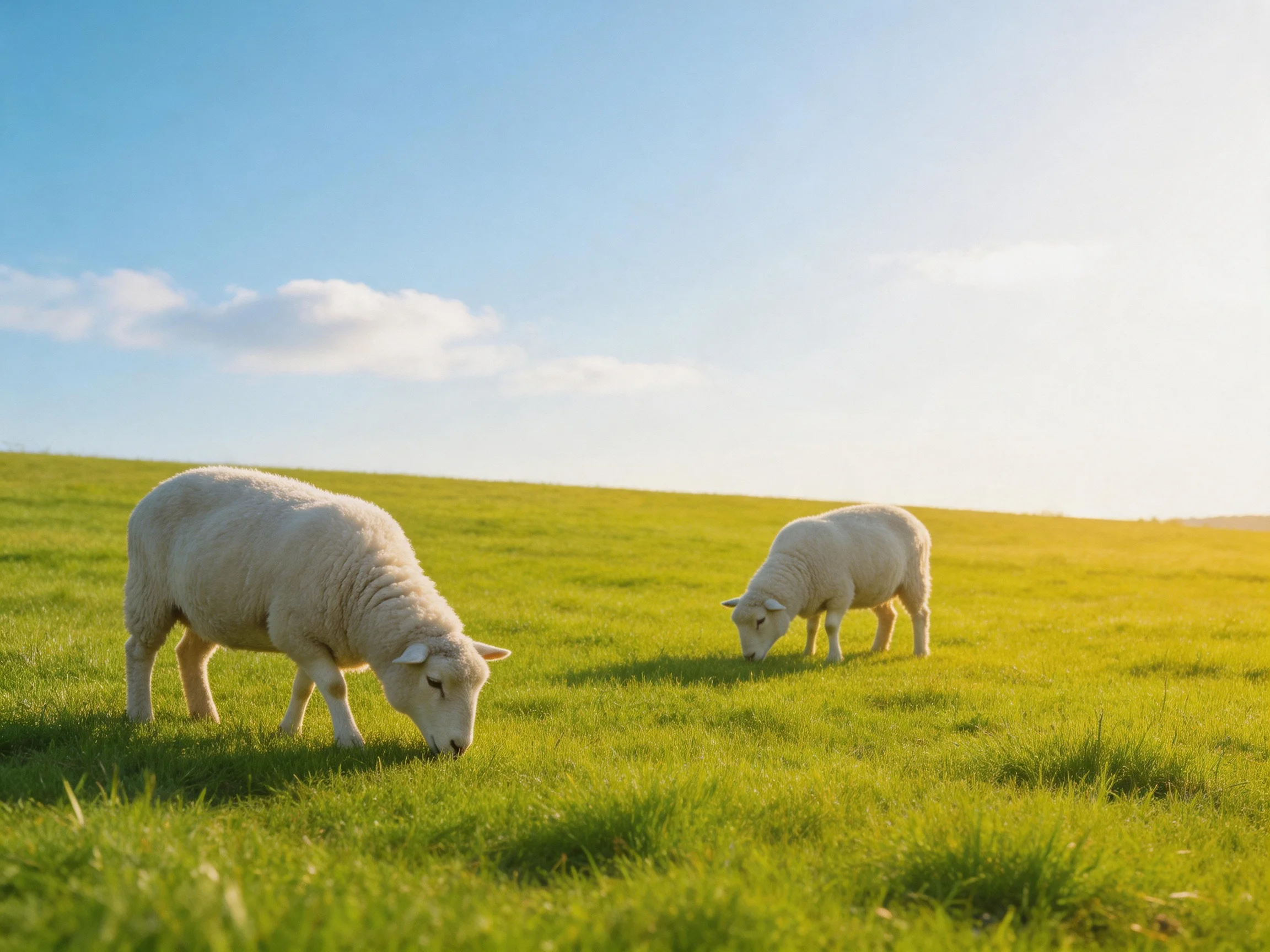 Two lambs graze in a sunlit green pasture with a blue sky.