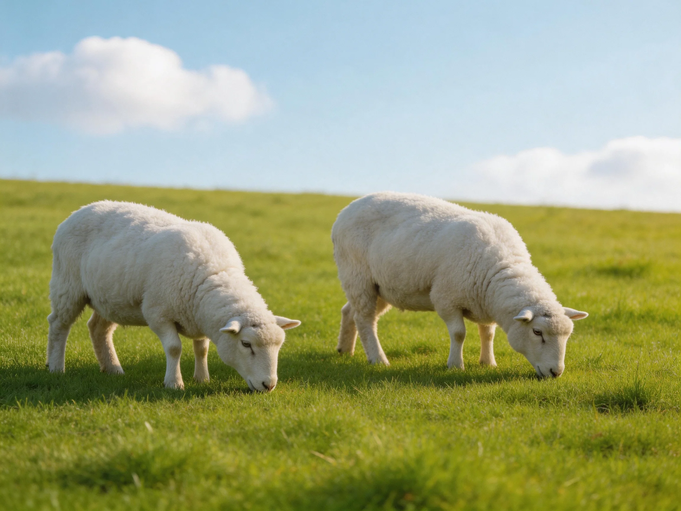 Two white lambs graze in a lush green meadow under a clear blue sky