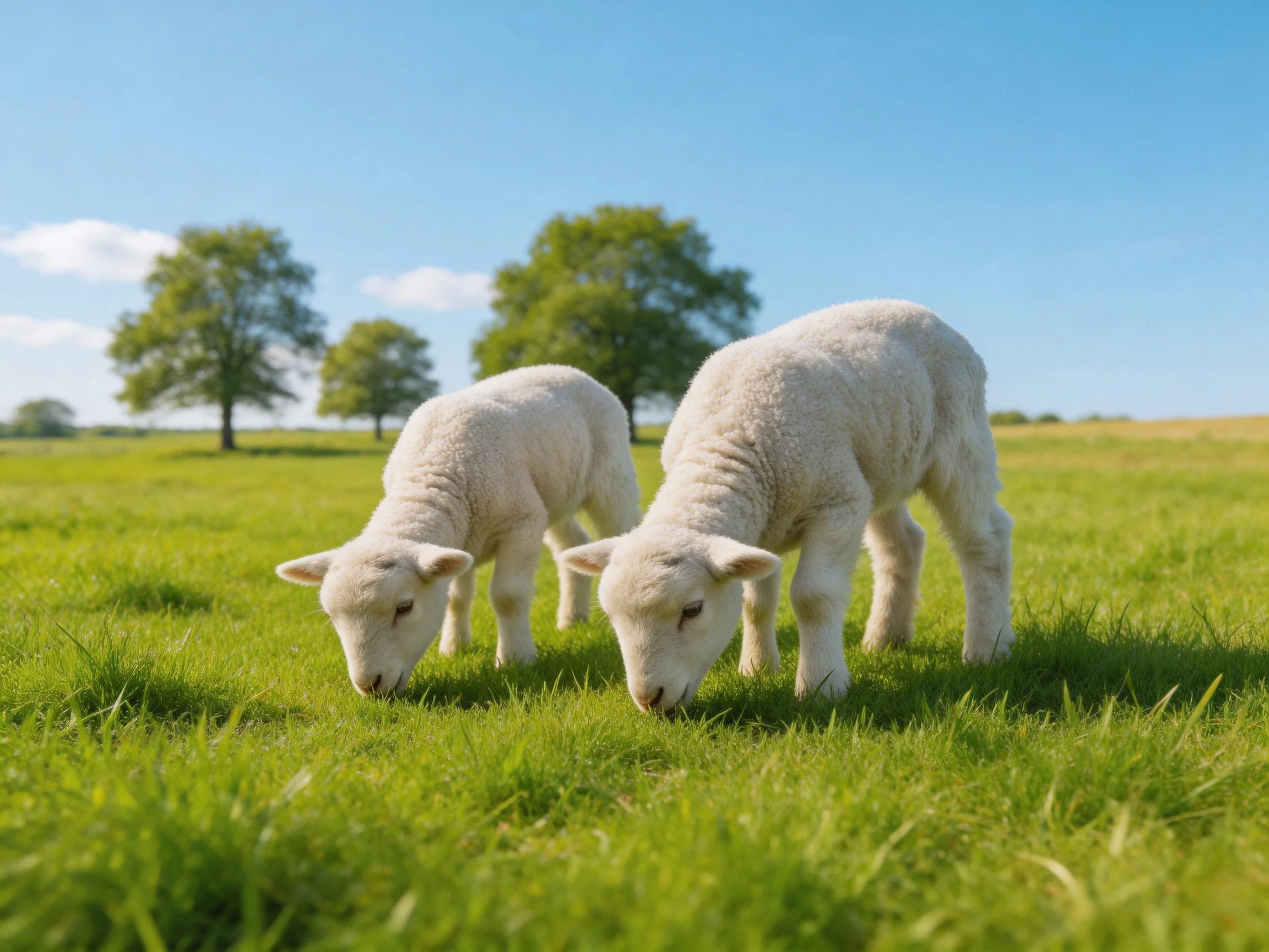 Two white lambs graze in a lush green meadow under bright blue sky