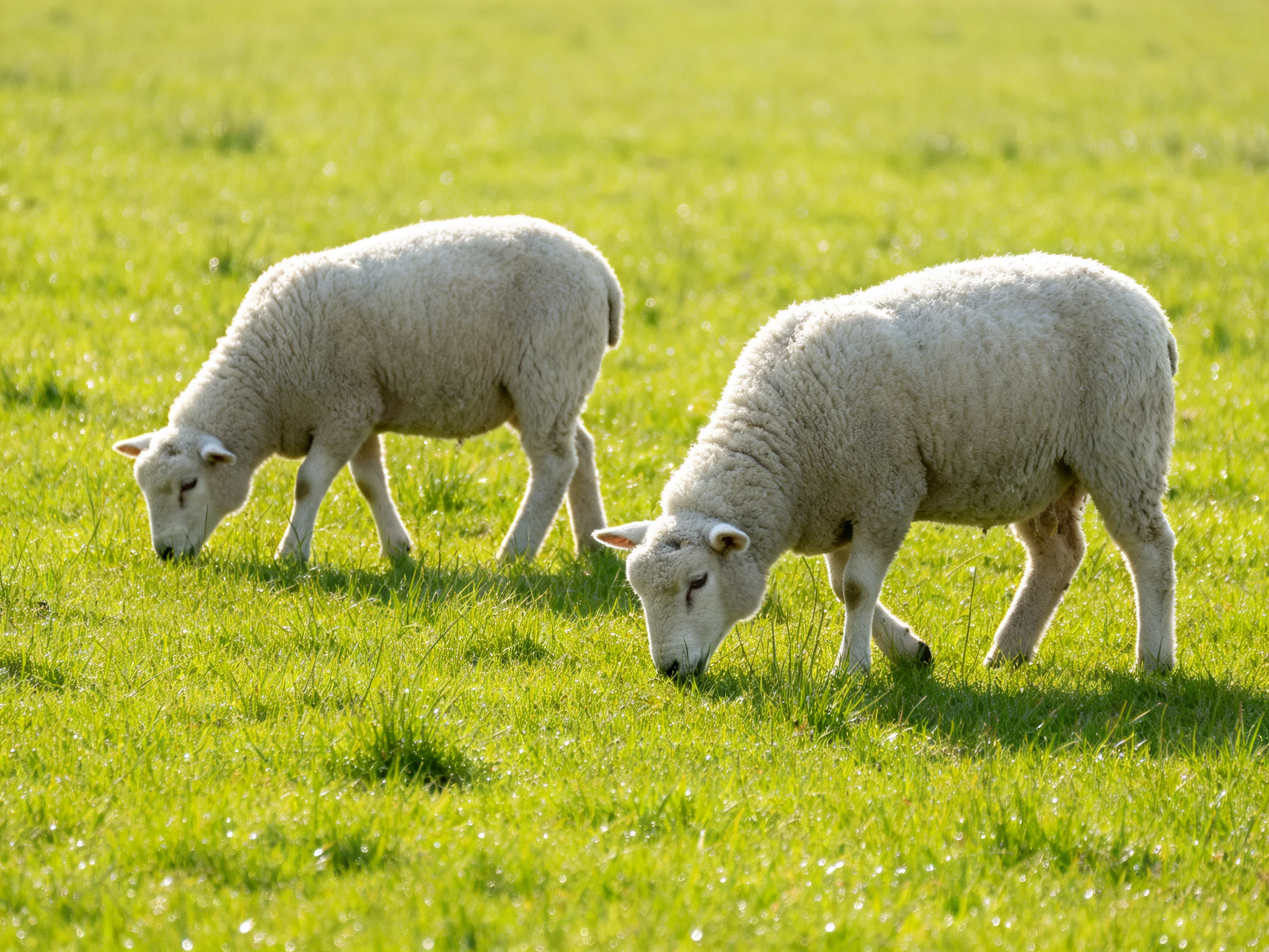 Two young sheep feed contentedly in a bright green field.
