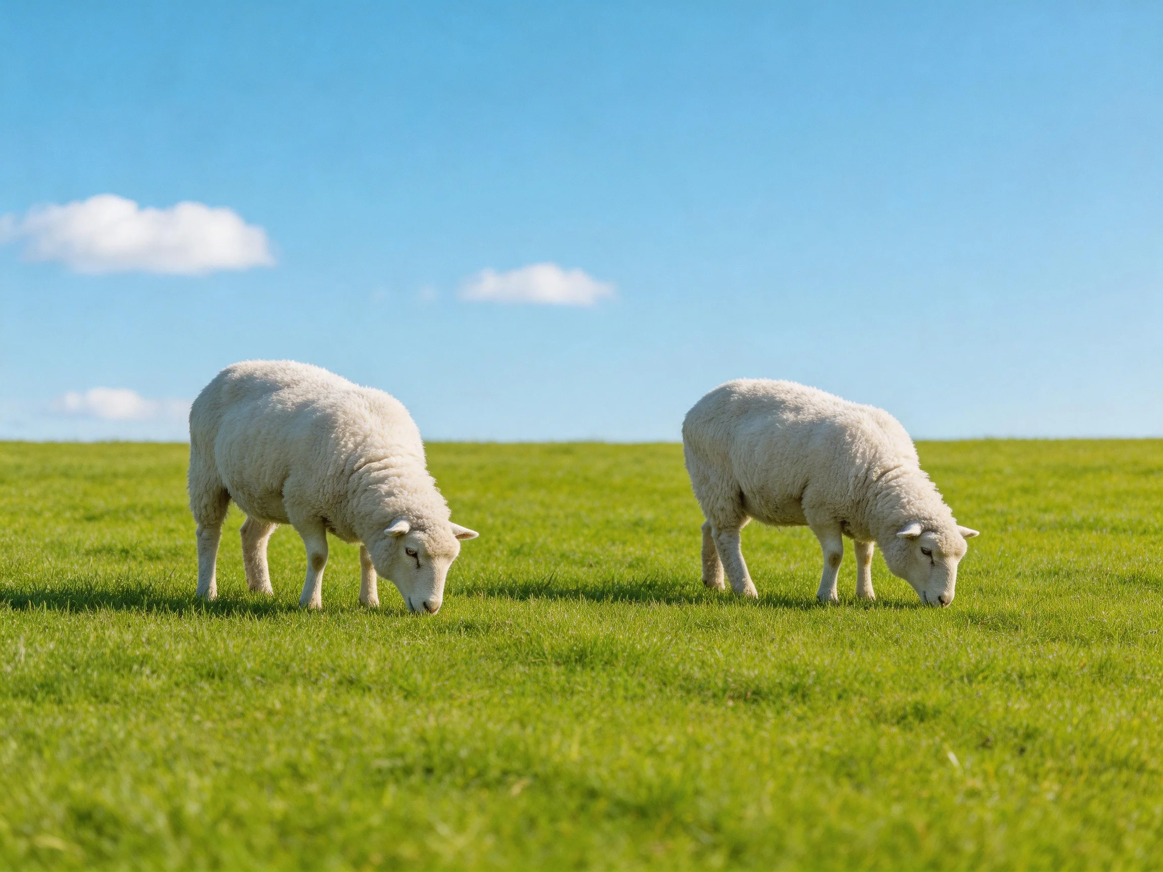 Two white lambs graze in a lush green pasture under a bright blue sky
