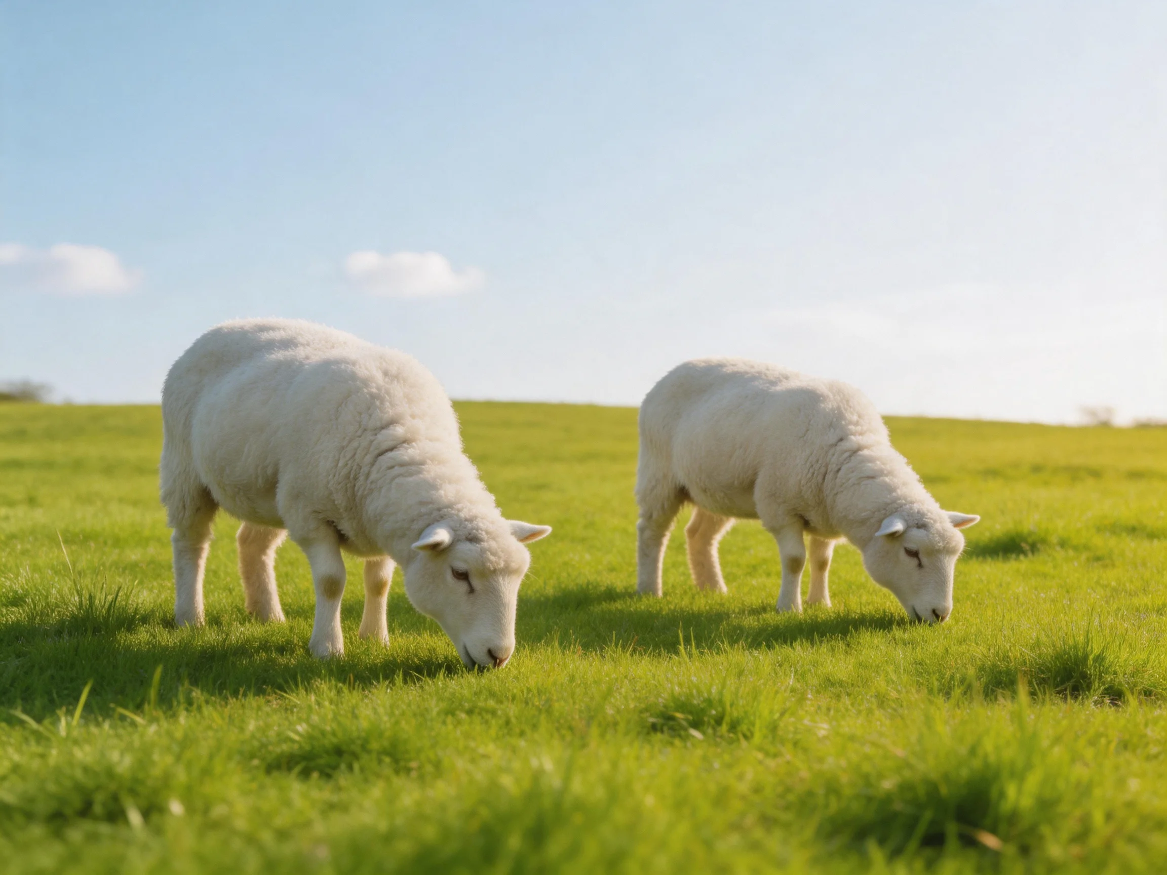 Two white lambs graze in a sunny green pasture.