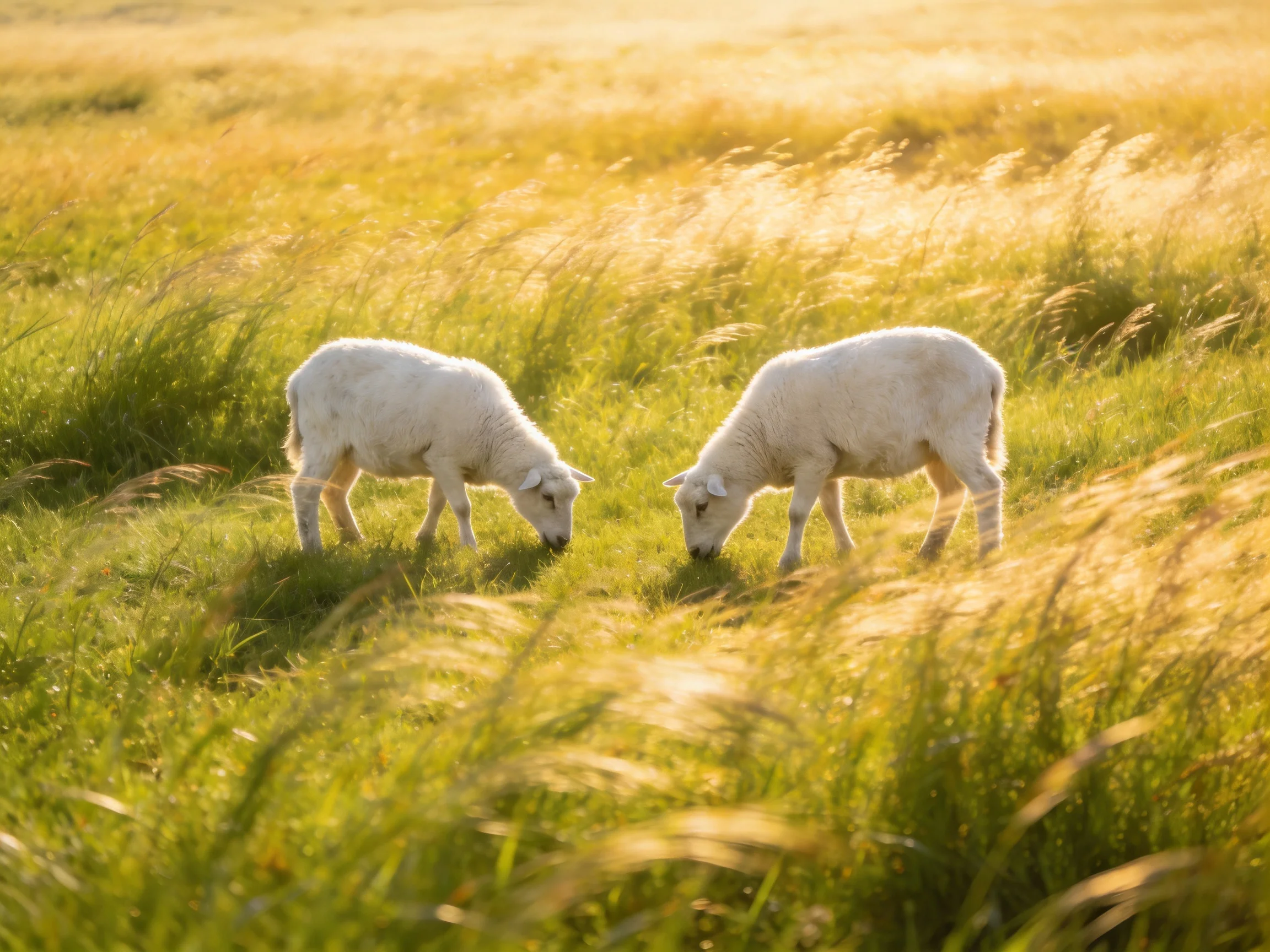 Two young sheep graze in a sun-drenched meadow.