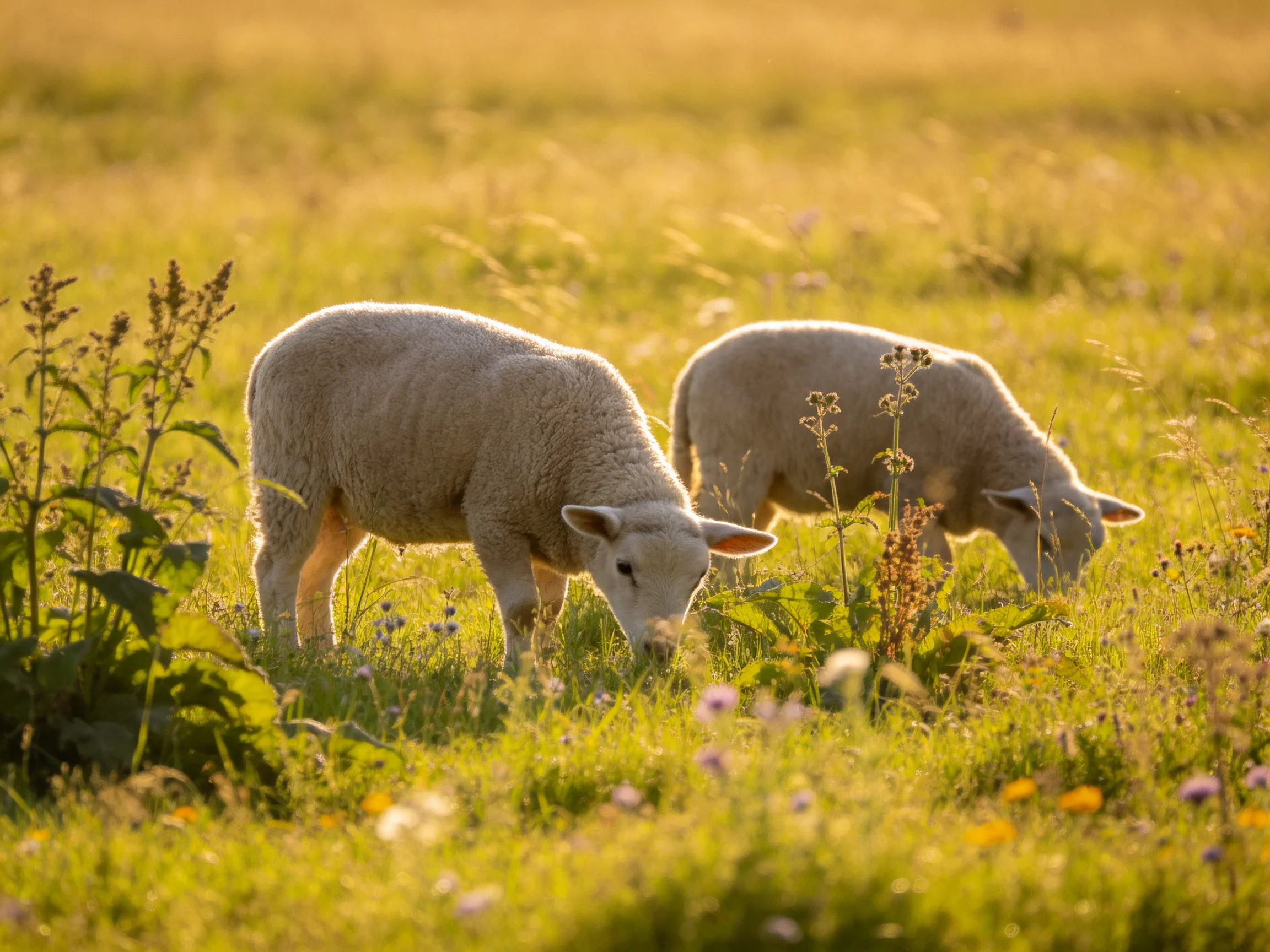 Two white lambs graze in a sunlit golden meadow