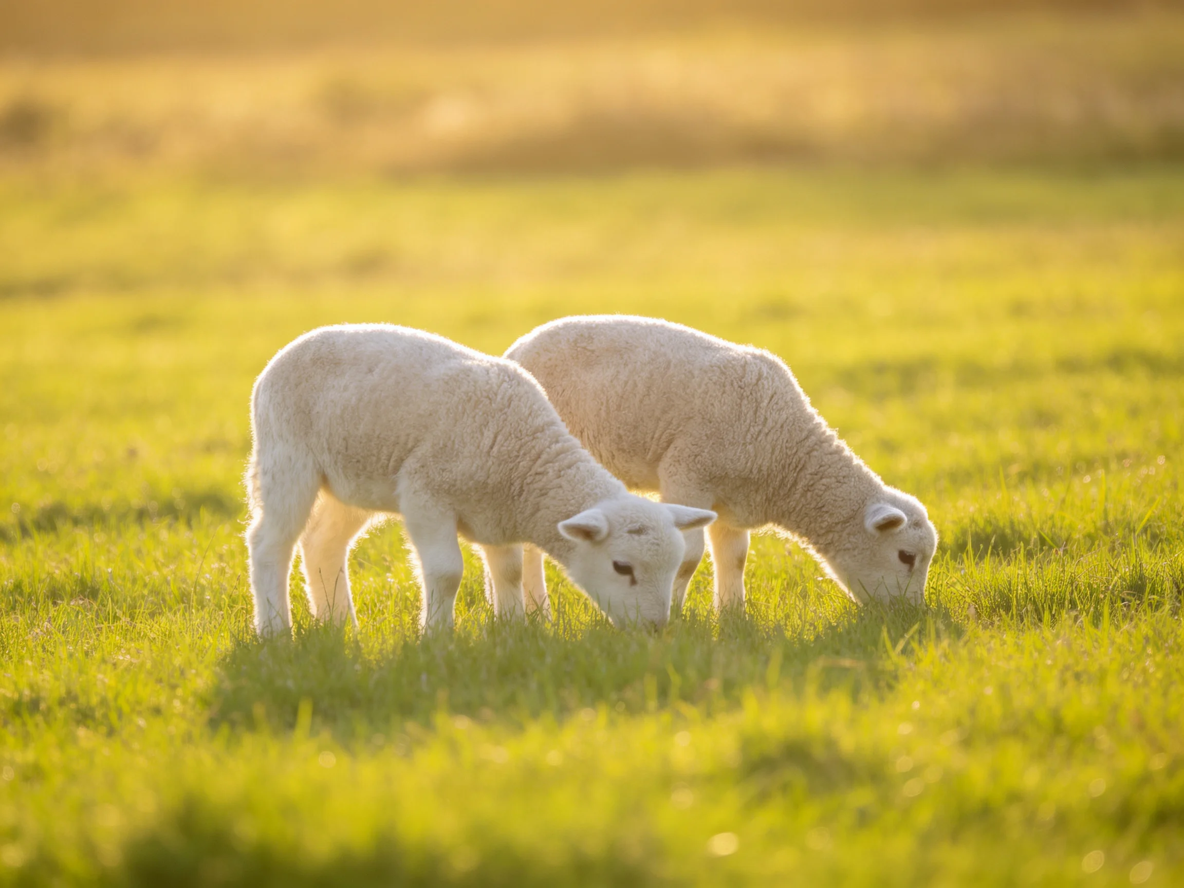 Two white lambs graze in a sunlit green meadow