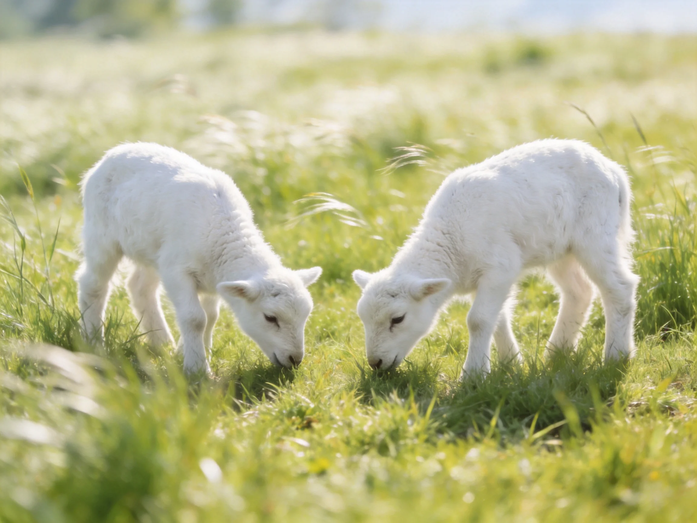 Two white lambs graze in a sunlit green meadow