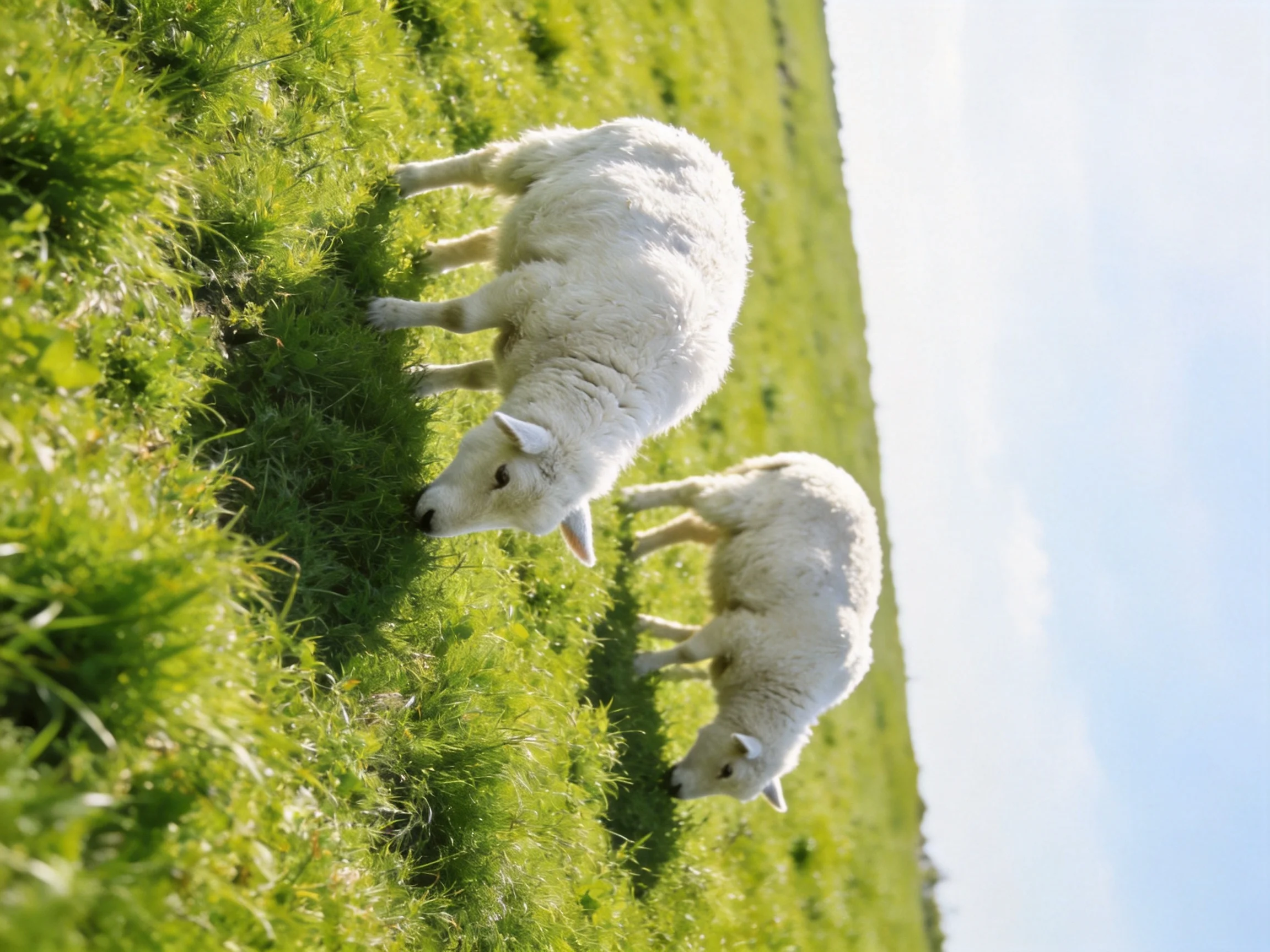 Two white lambs graze peacefully in a sunlit meadow.