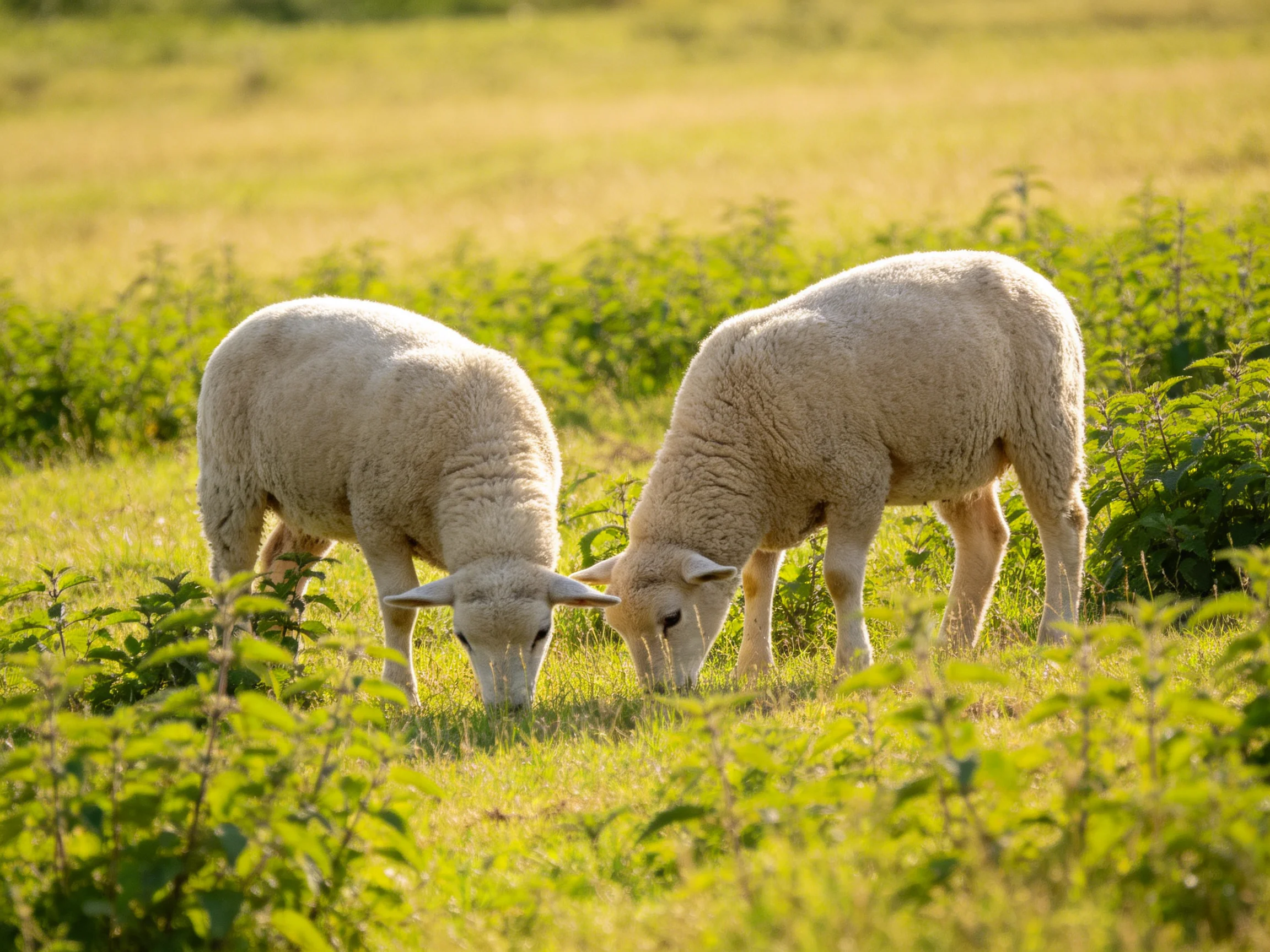 Two white lambs graze in a sunlit green meadow