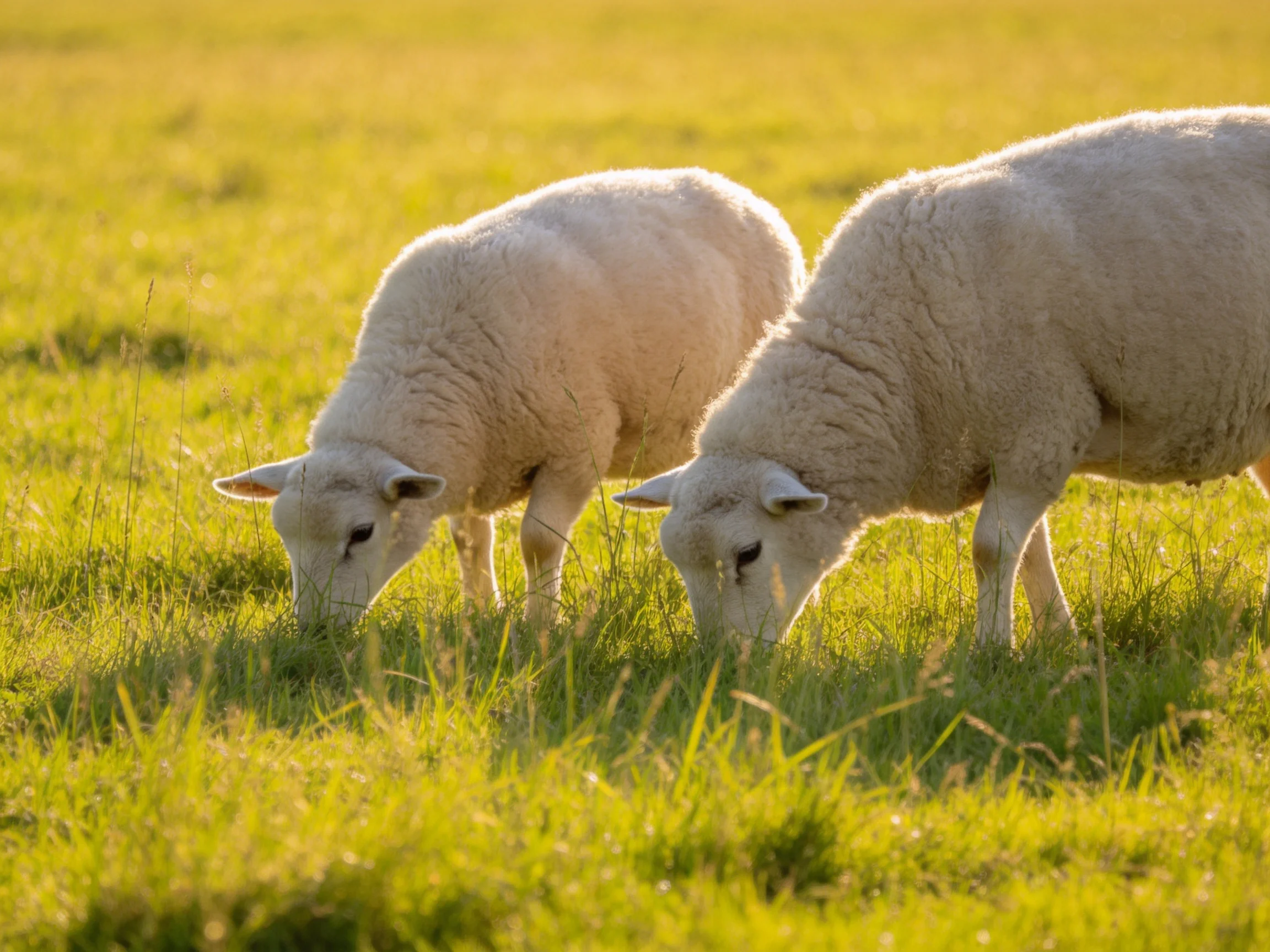 Two white lambs graze in a sunlit green meadow.