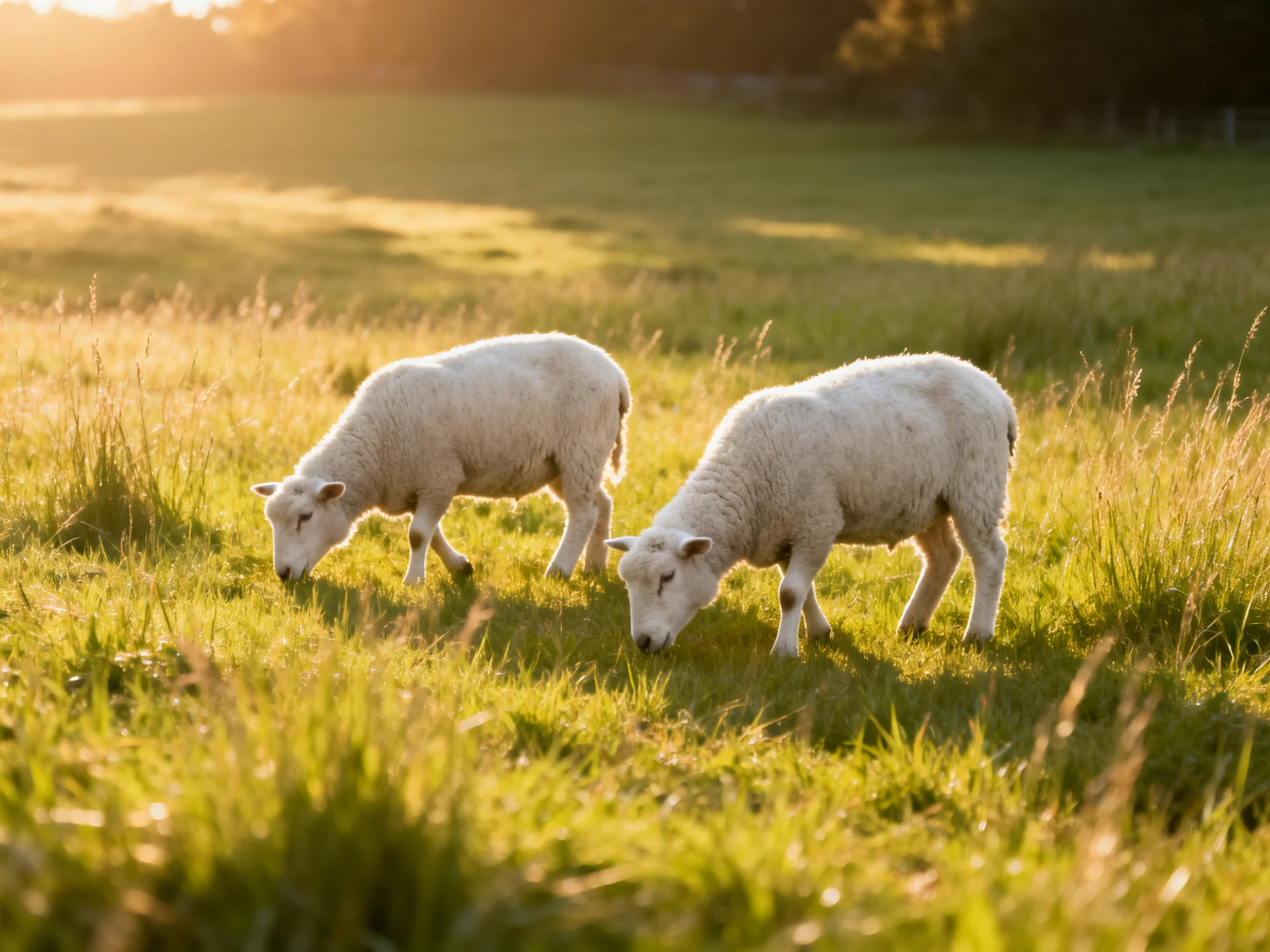 Two white lambs graze in a sunlit green meadow