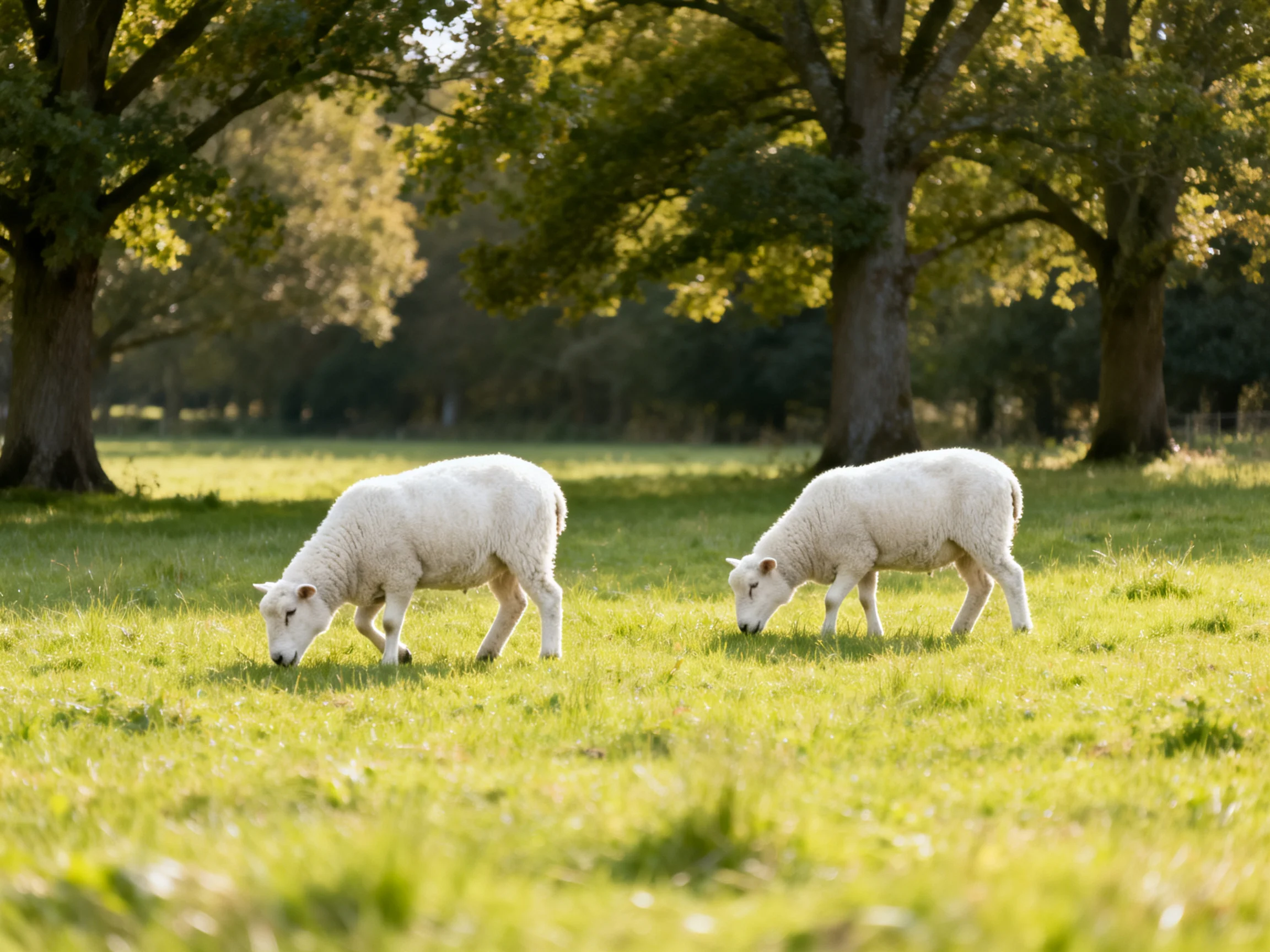 Two white lambs graze in a sunlit green meadow with large trees