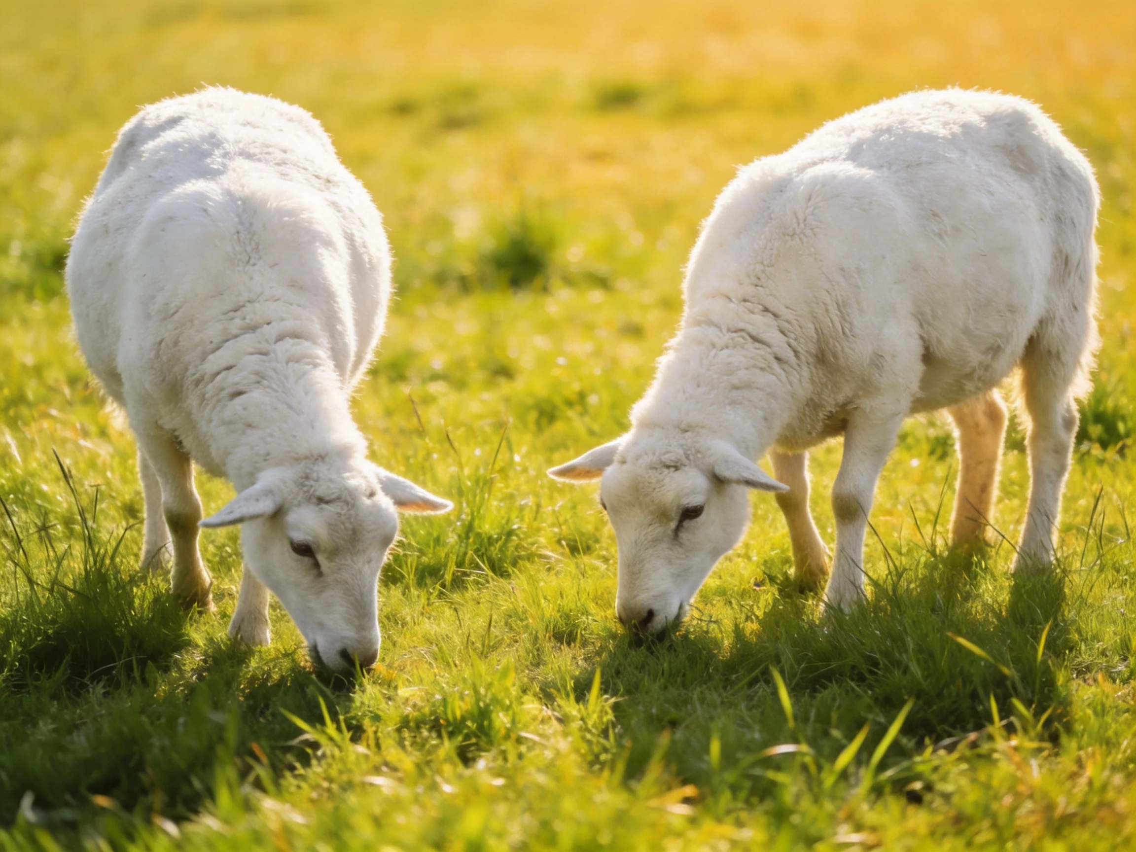 Two white lambs graze in a sunlit green pasture