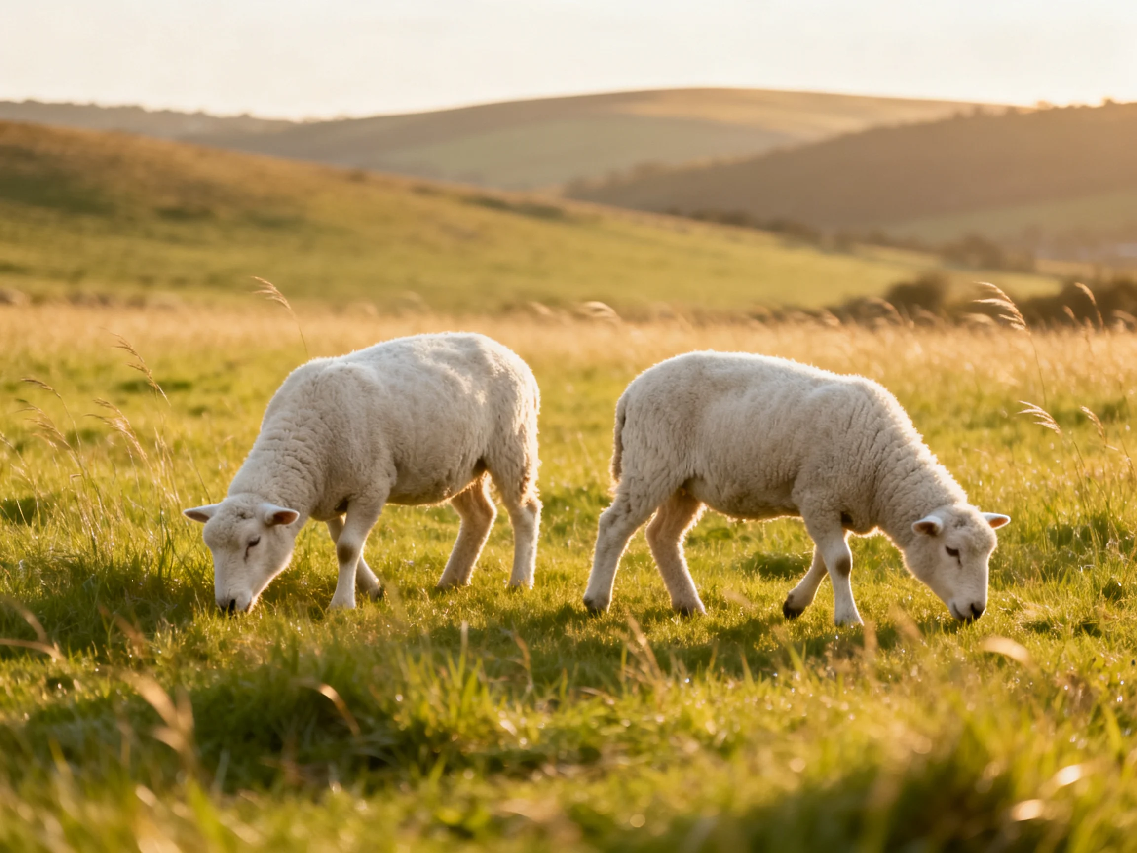 Two white lambs graze in a sunlit green pasture with rolling hills