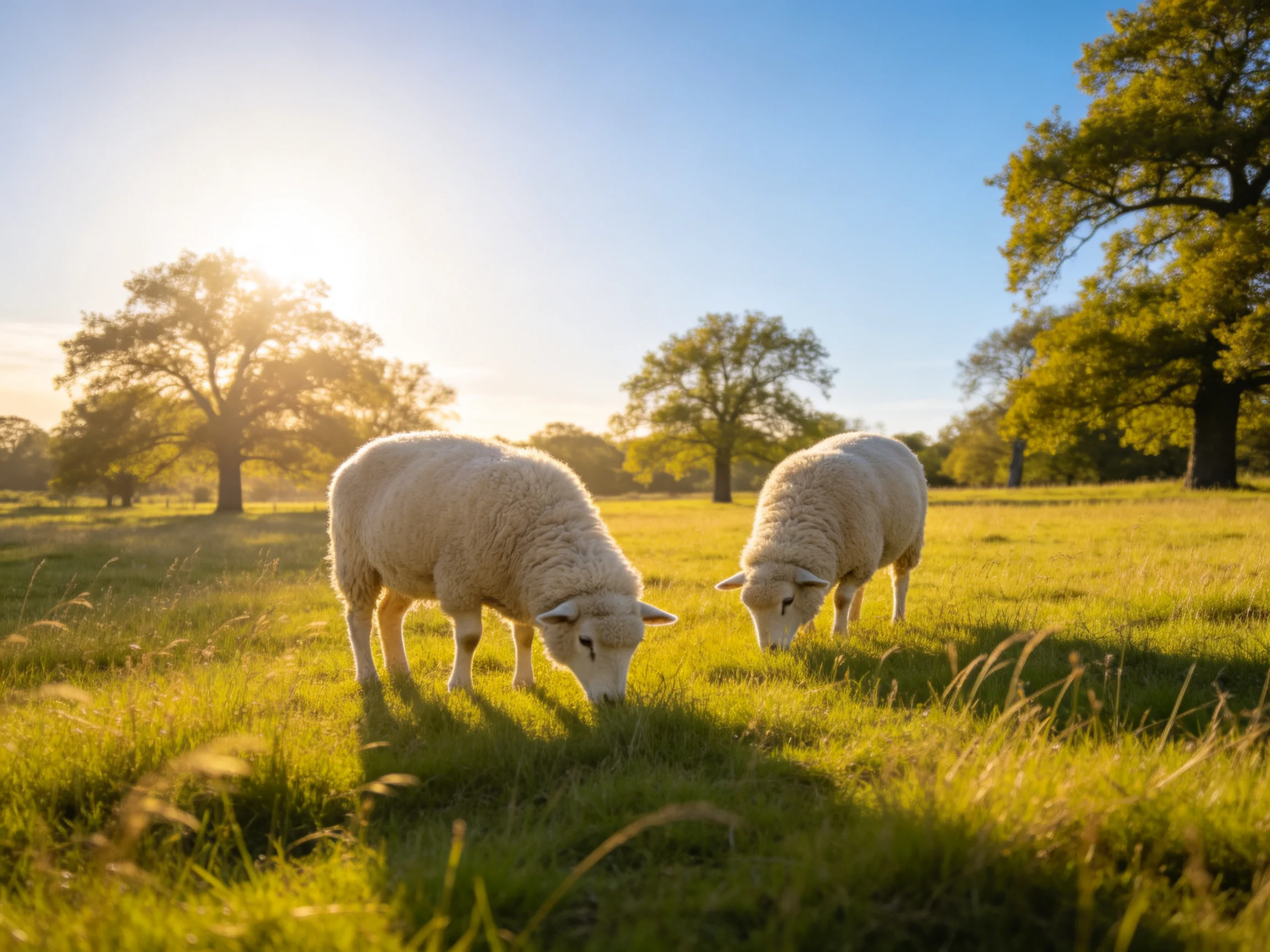 Two white lambs graze in a sunlit meadow with tall trees