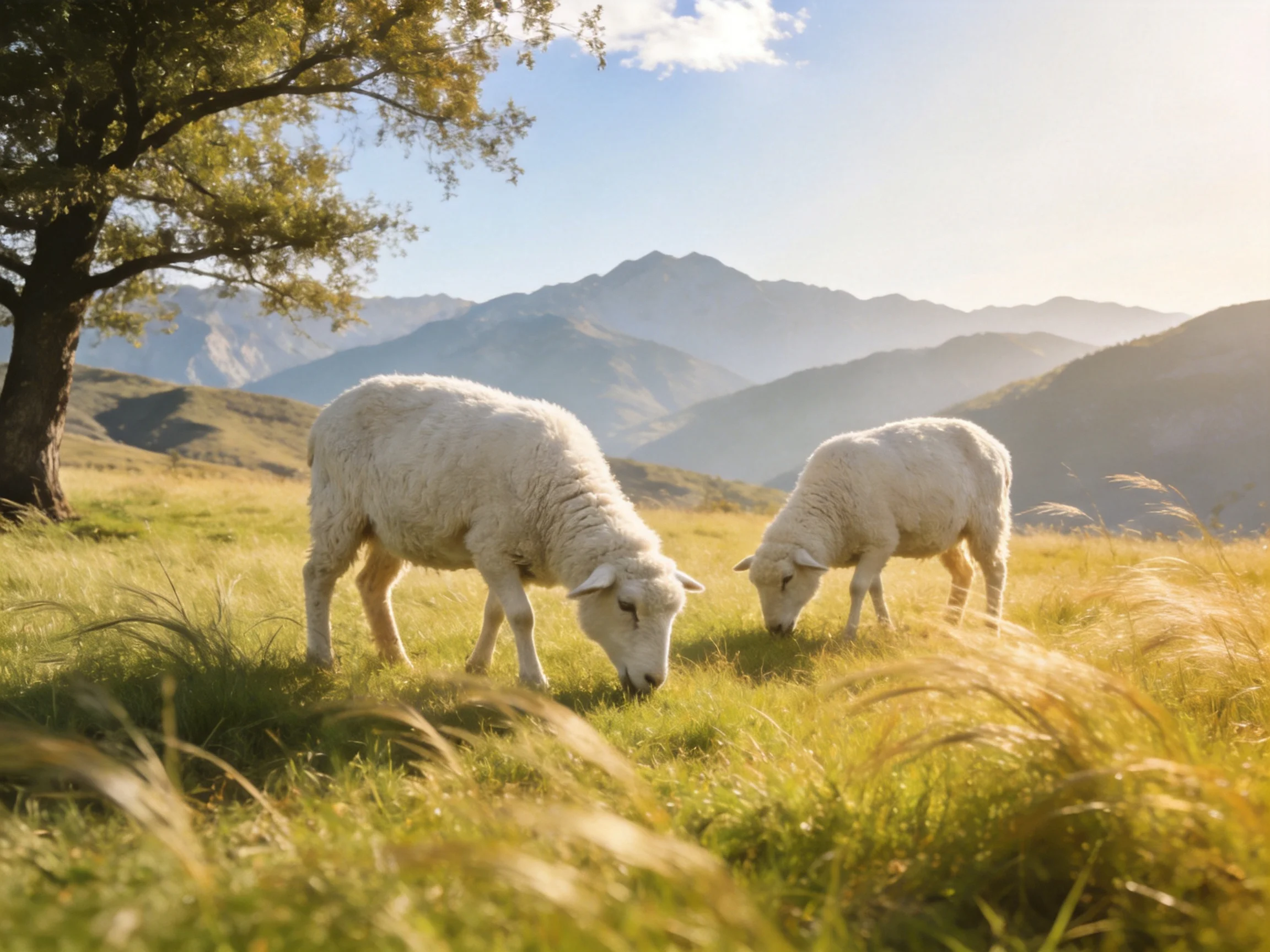 Two white lambs graze in a sunlit mountain meadow