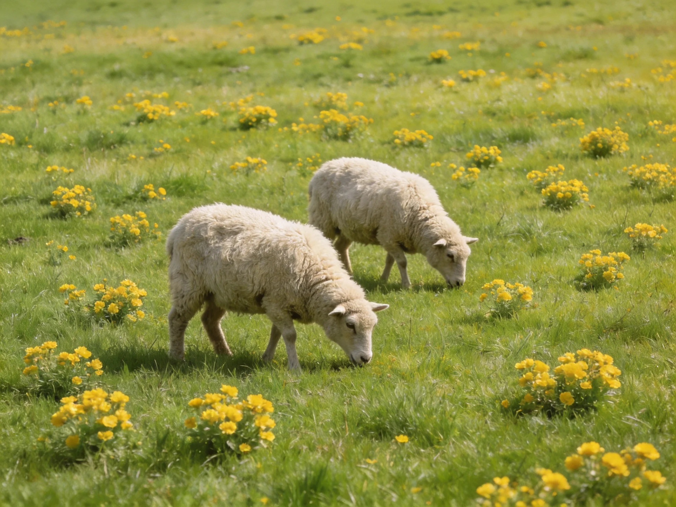 Two white lambs graze in a vibrant meadow of green grass and yellow blooms