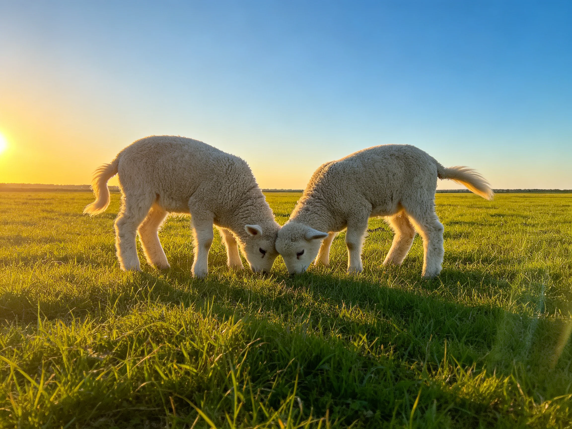 Two white lambs graze in sunlit green pasture near setting sun