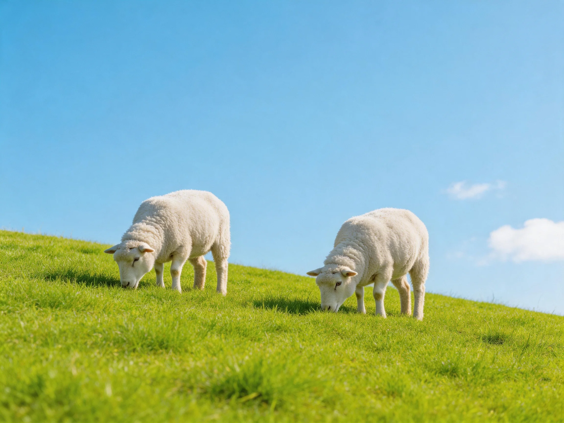 Two white lambs graze on a lush green hillside beneath a clear blue sky