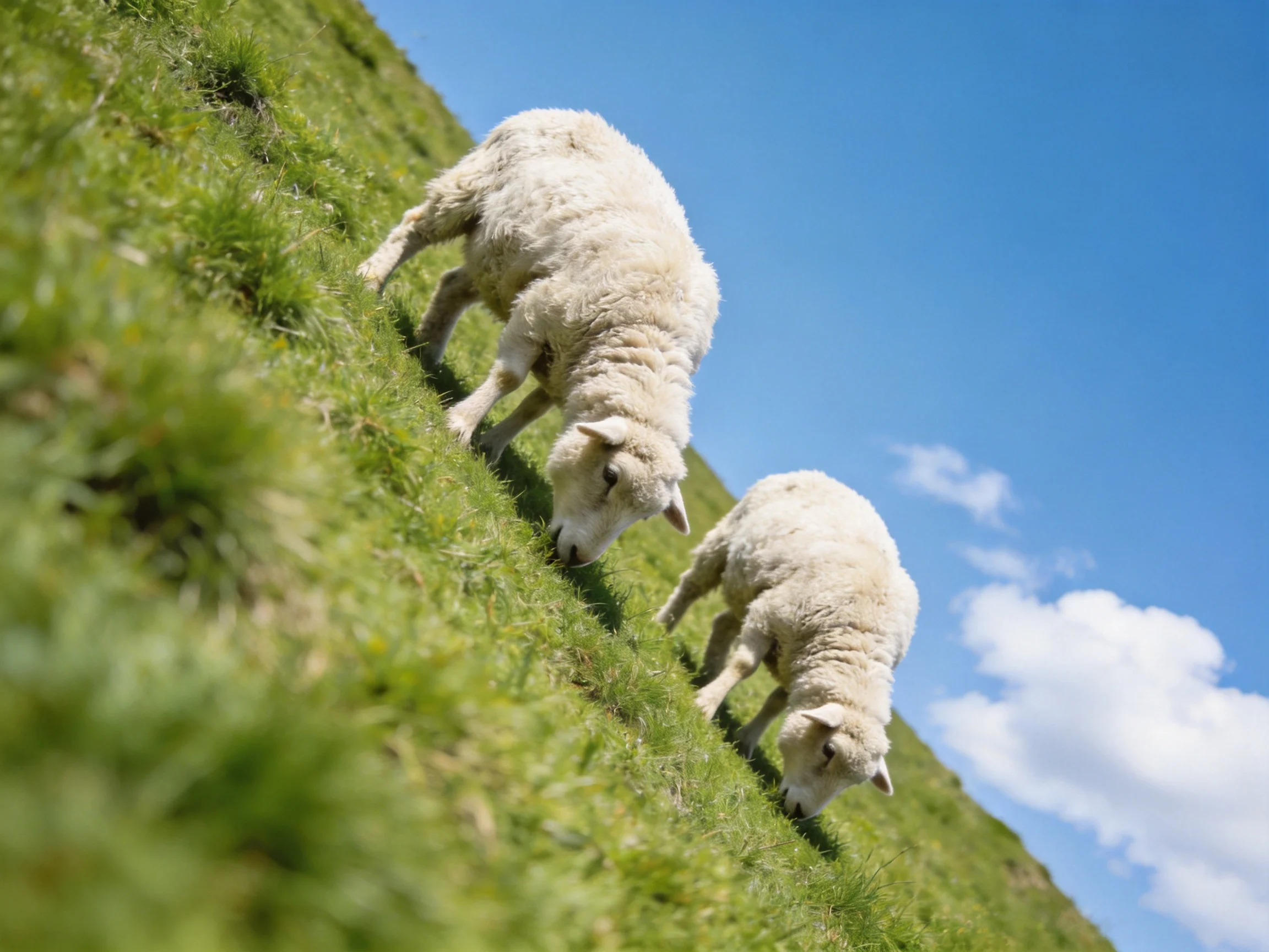 Two white lambs graze on a grassy hillside under clear blue sky