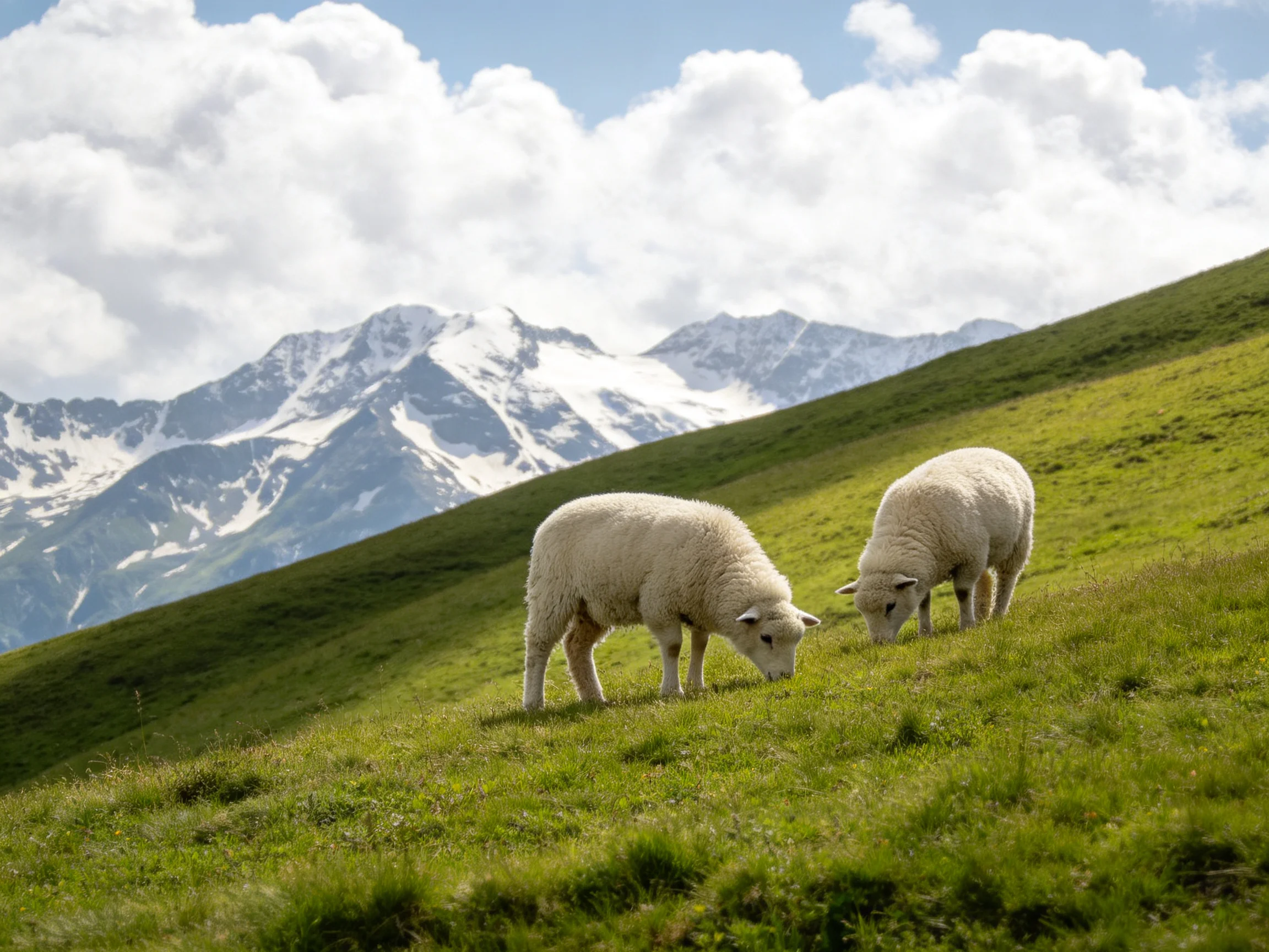 Two white lambs graze on a lush green hillside near snow-capped mountains