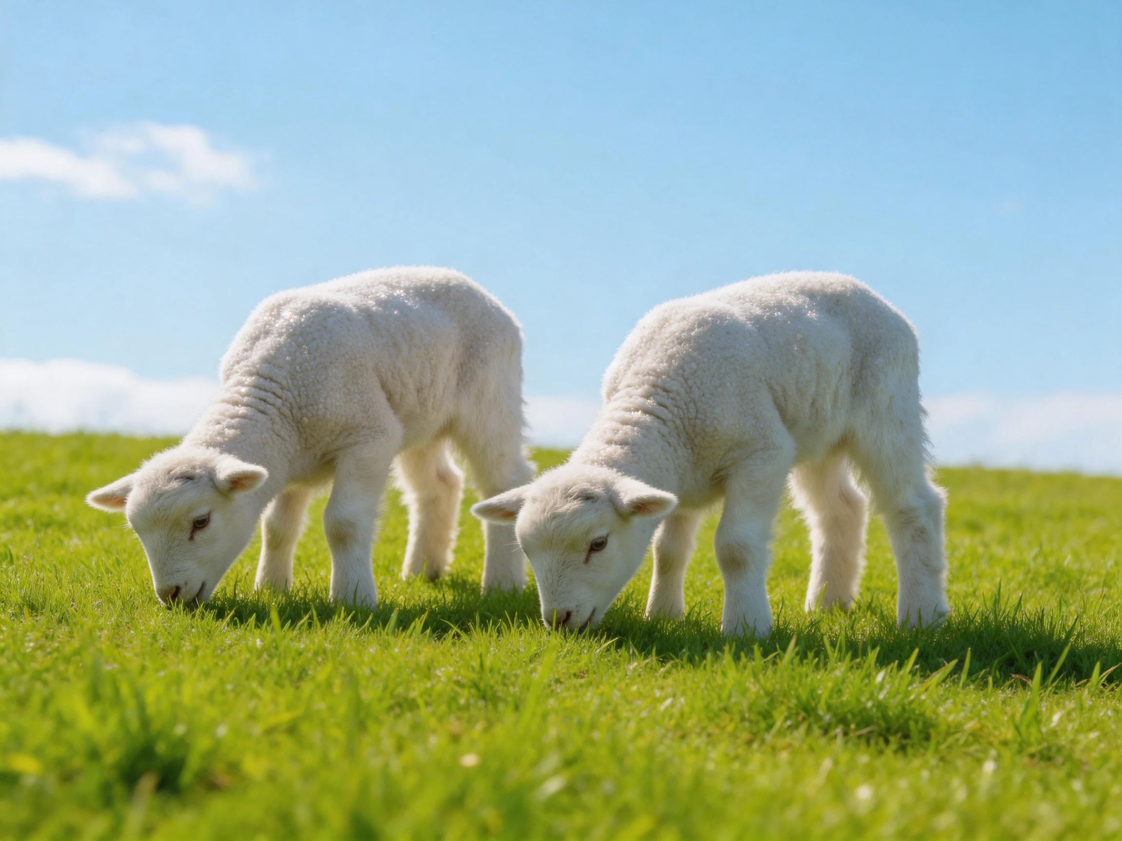 Two lambs graze on green grass under a clear blue sky.