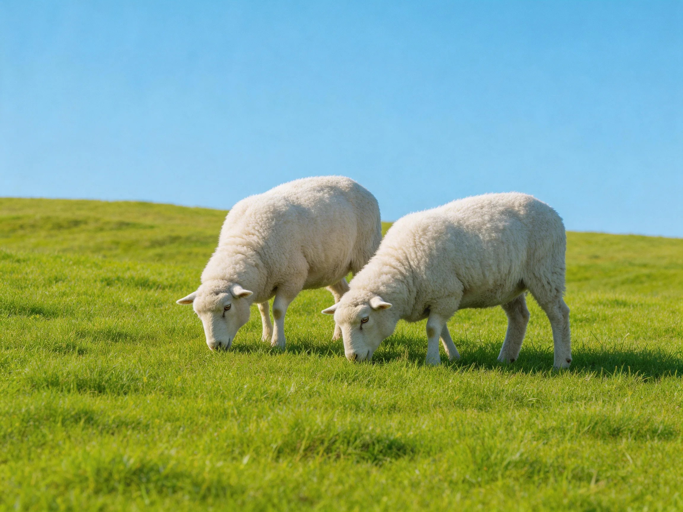 Two white lambs graze on lush green pasture beneath clear blue sky