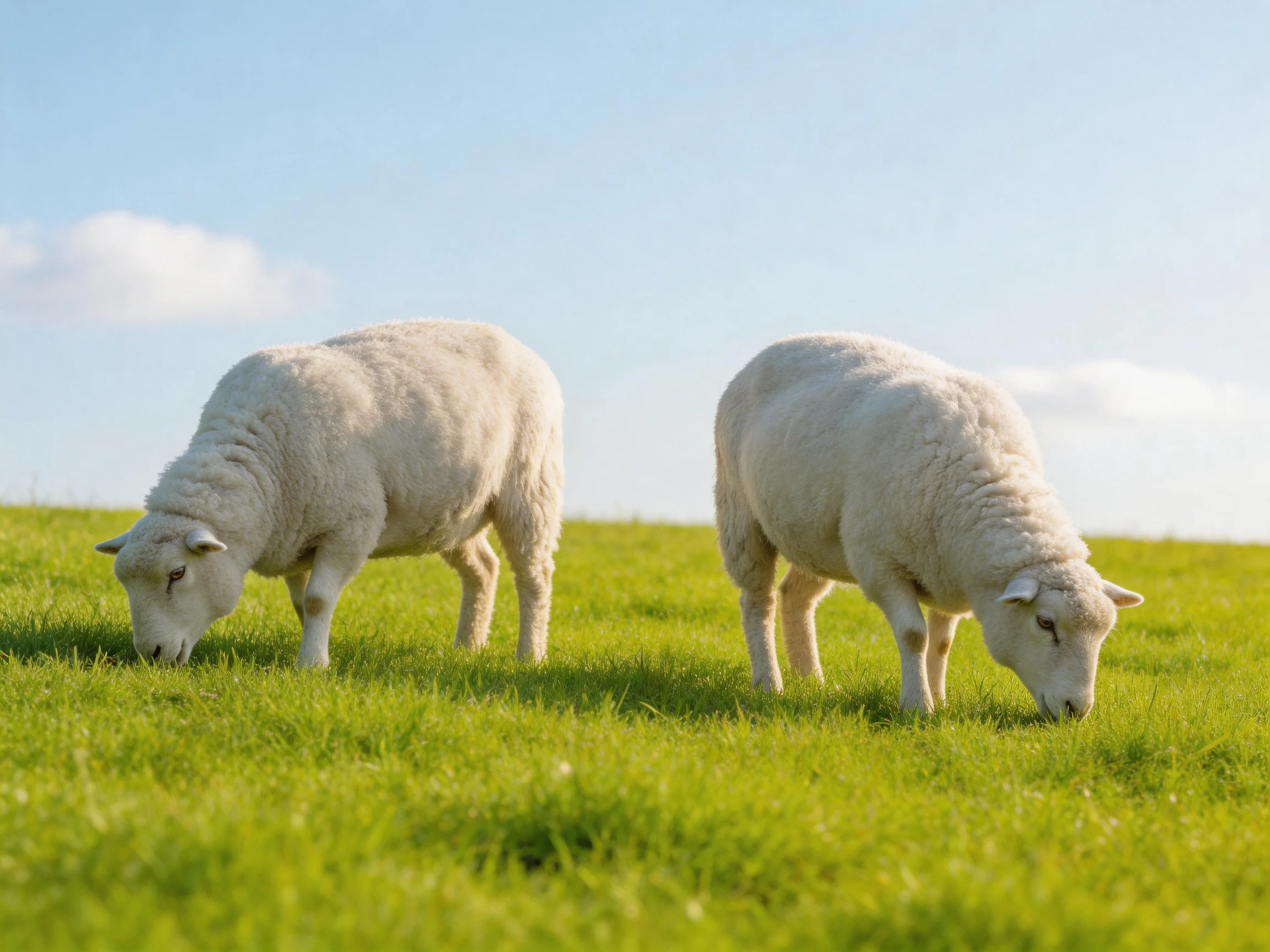 Two white lambs grazing on lush green pasture under clear blue sky