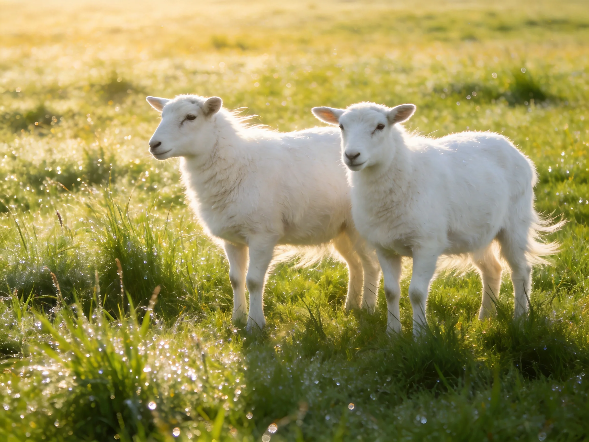 Two white lambs in a dewy green pasture
