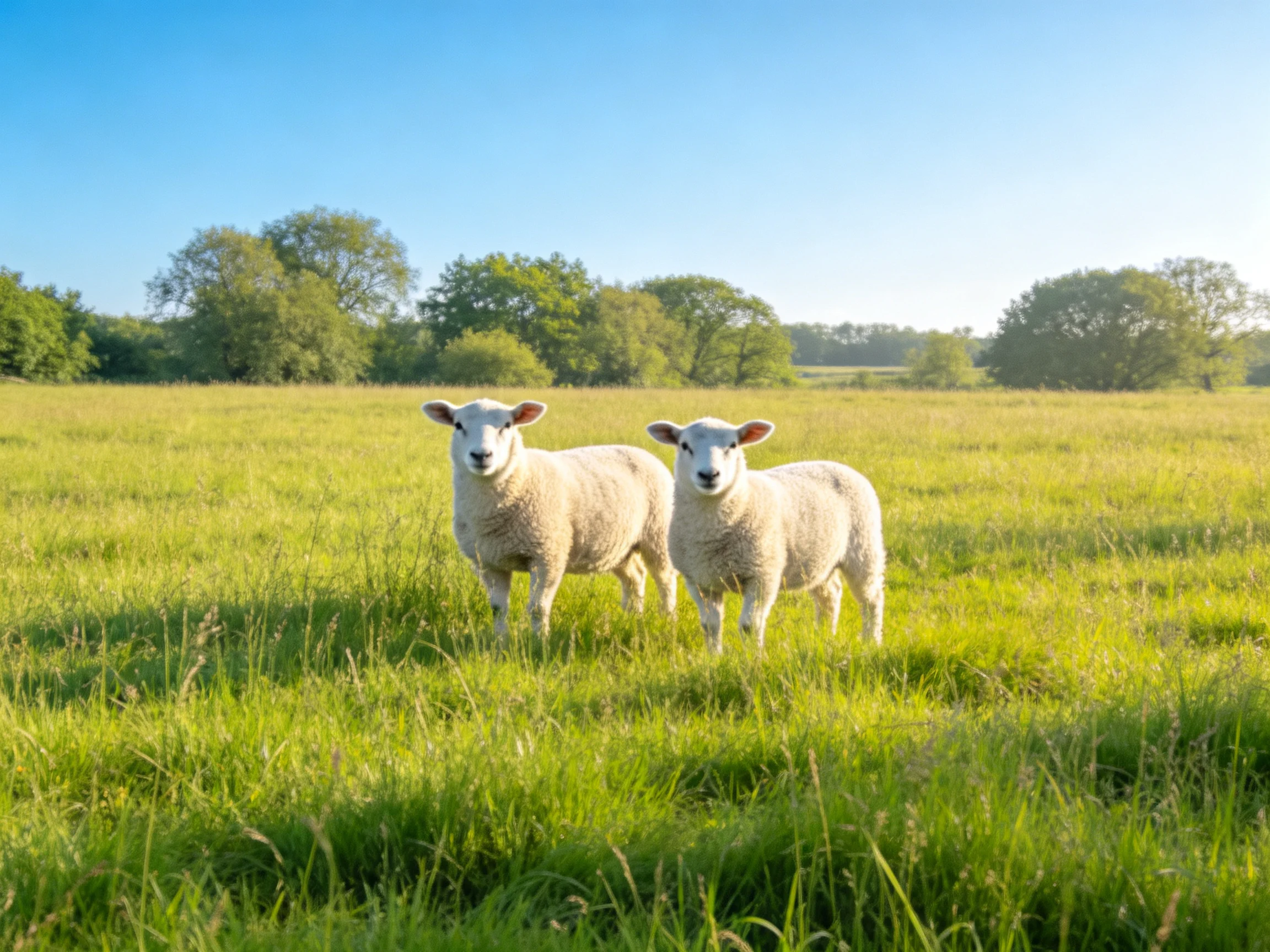 Two white lambs in a lush green meadow