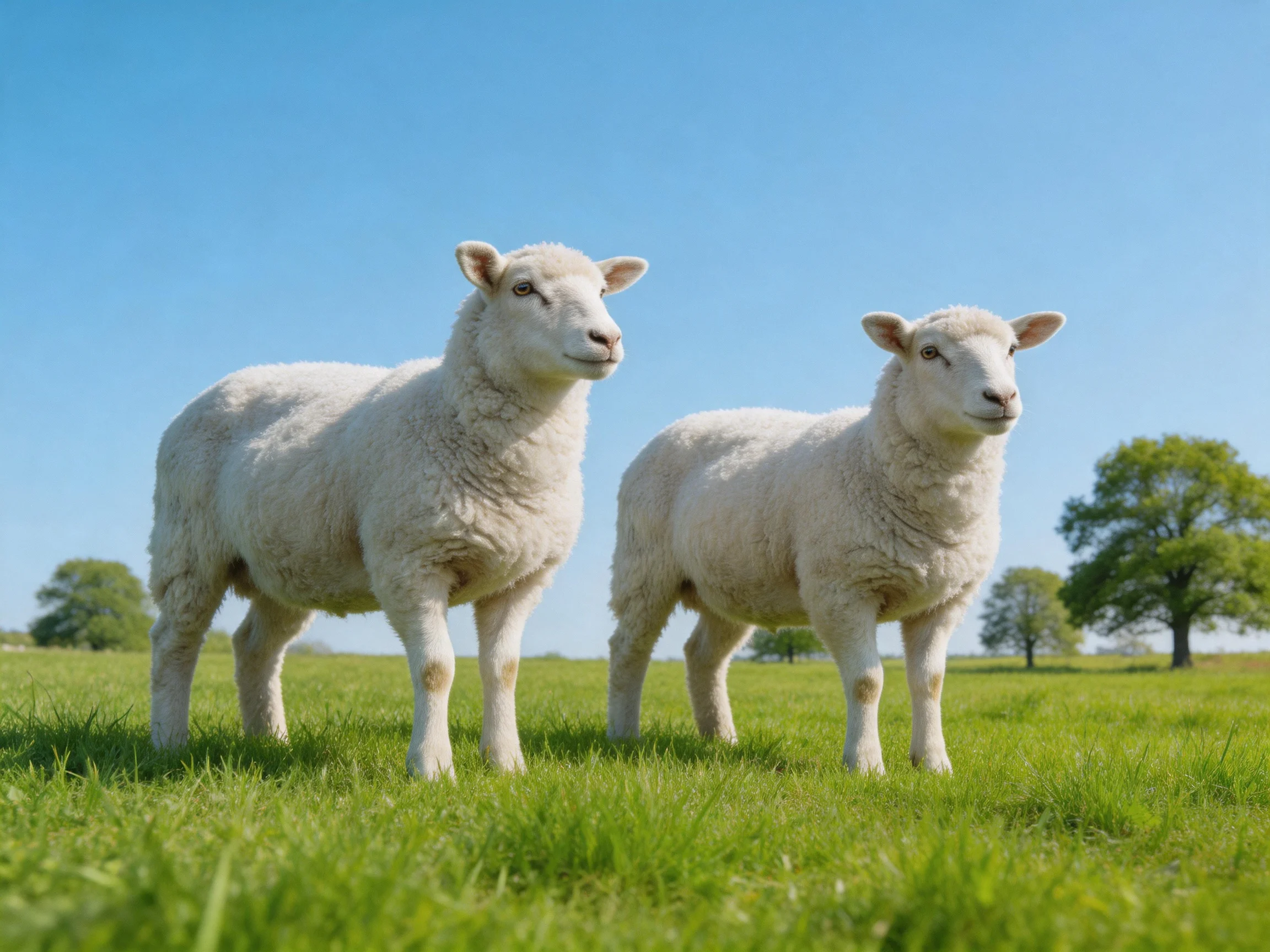 Two white lambs in a lush green meadow under clear blue sky
