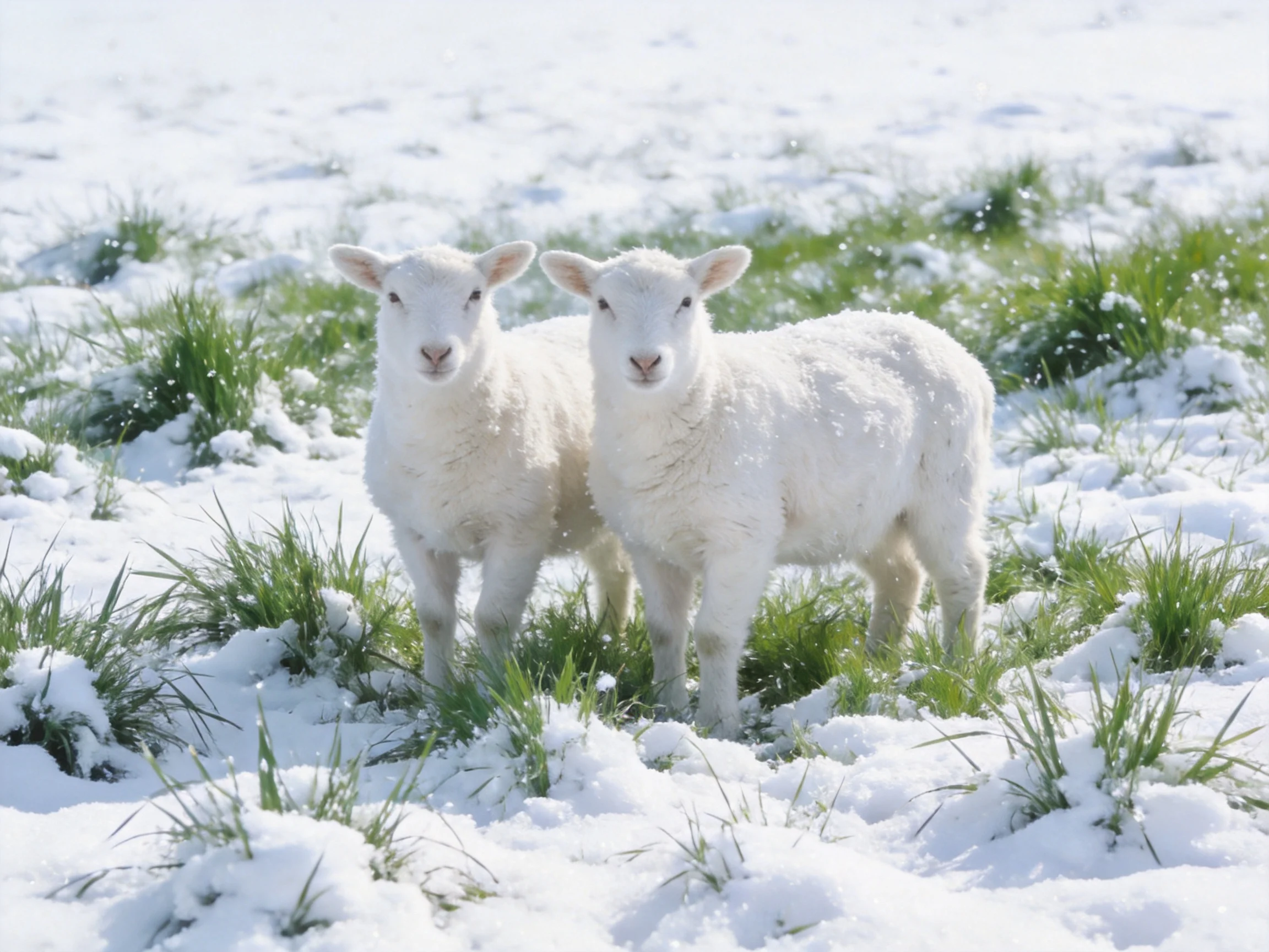 Two white lambs in a snow-dusted meadow with green grass patches