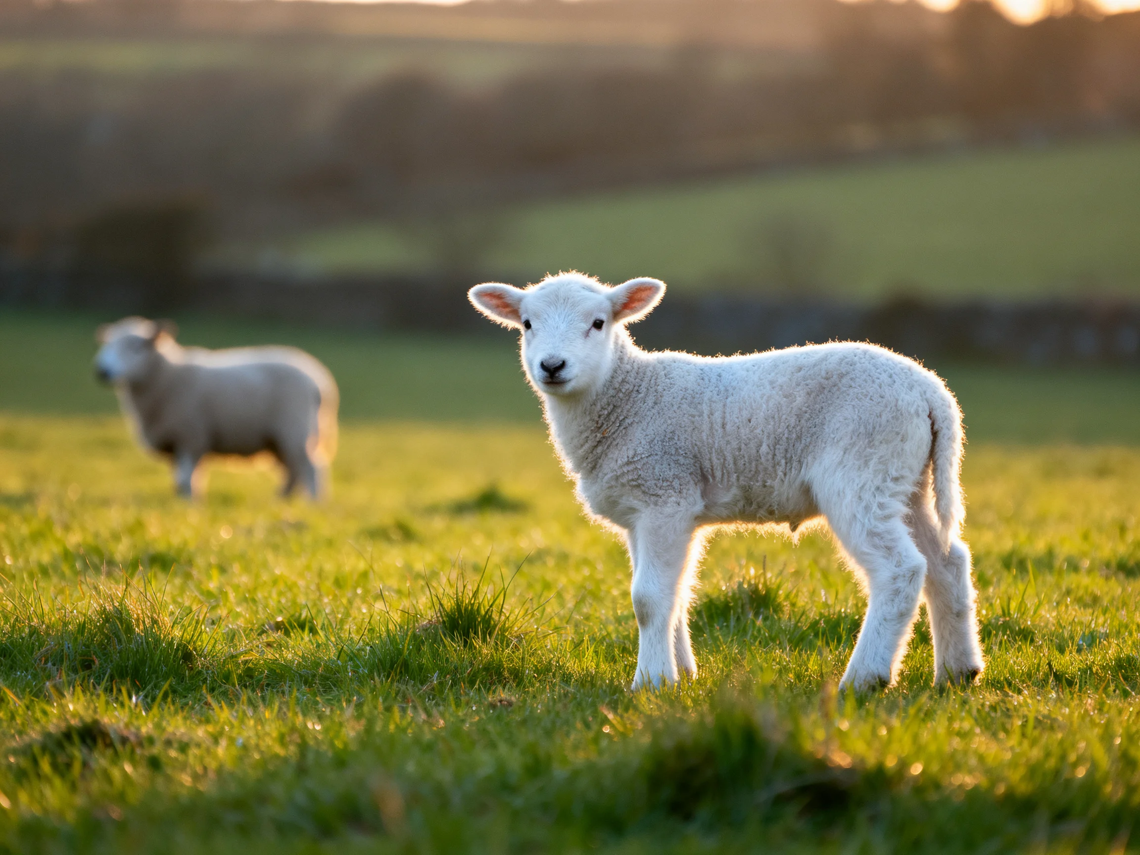Two white lambs in a sun-drenched green meadow