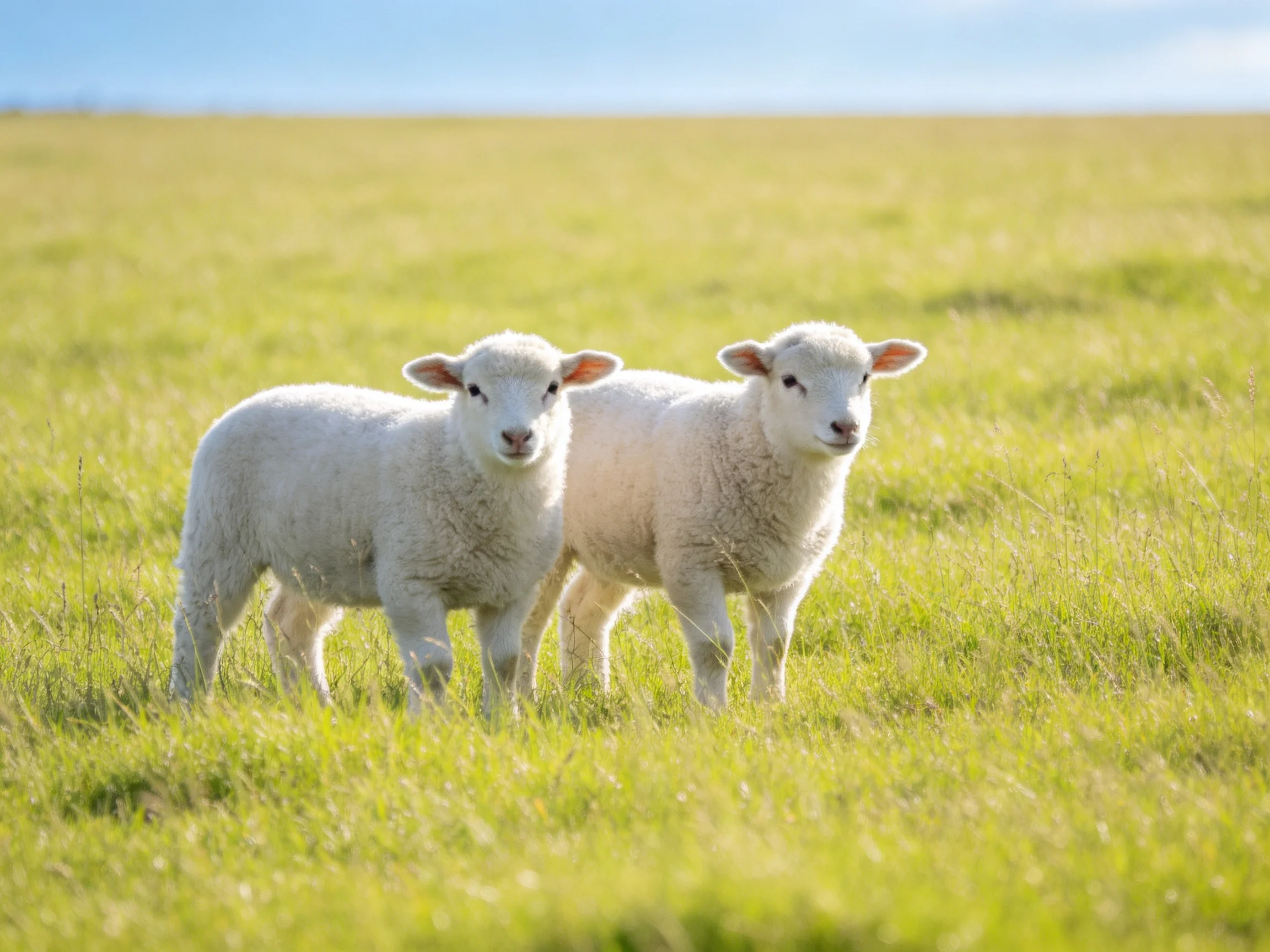 Two young sheep stand together in a bright grassy field.