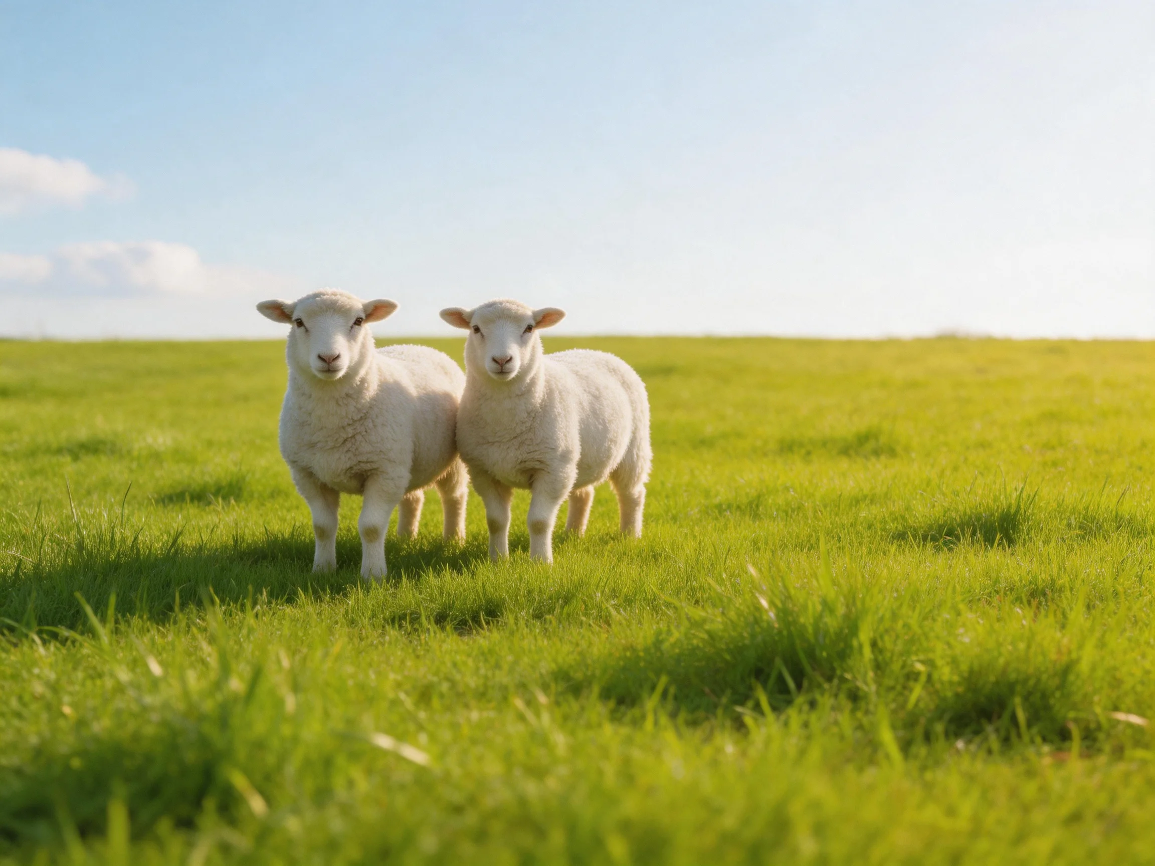Two white lambs in a sunlit green meadow